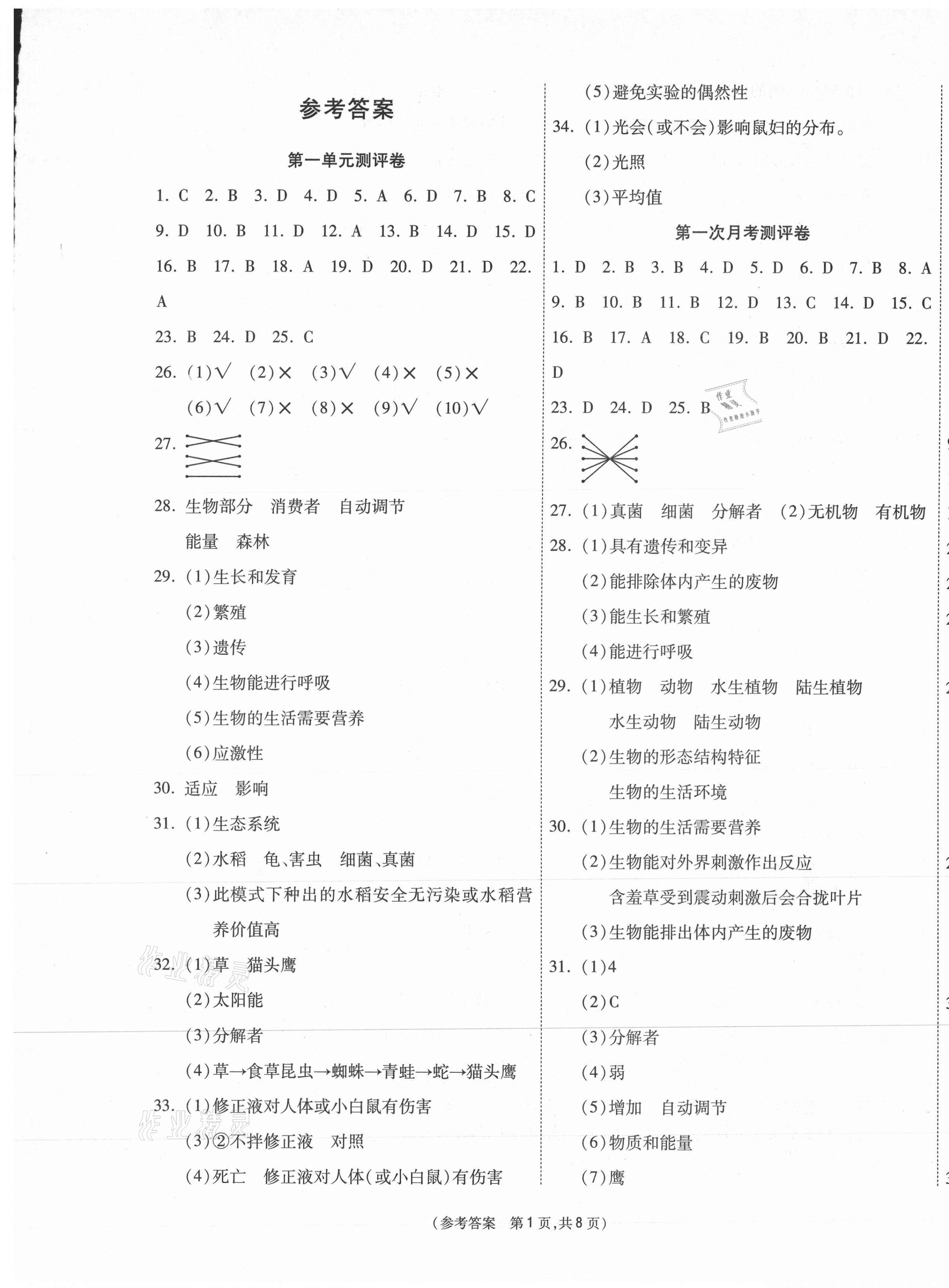 2020年智能优选卷七年级生物上册人教版 参考答案第1页