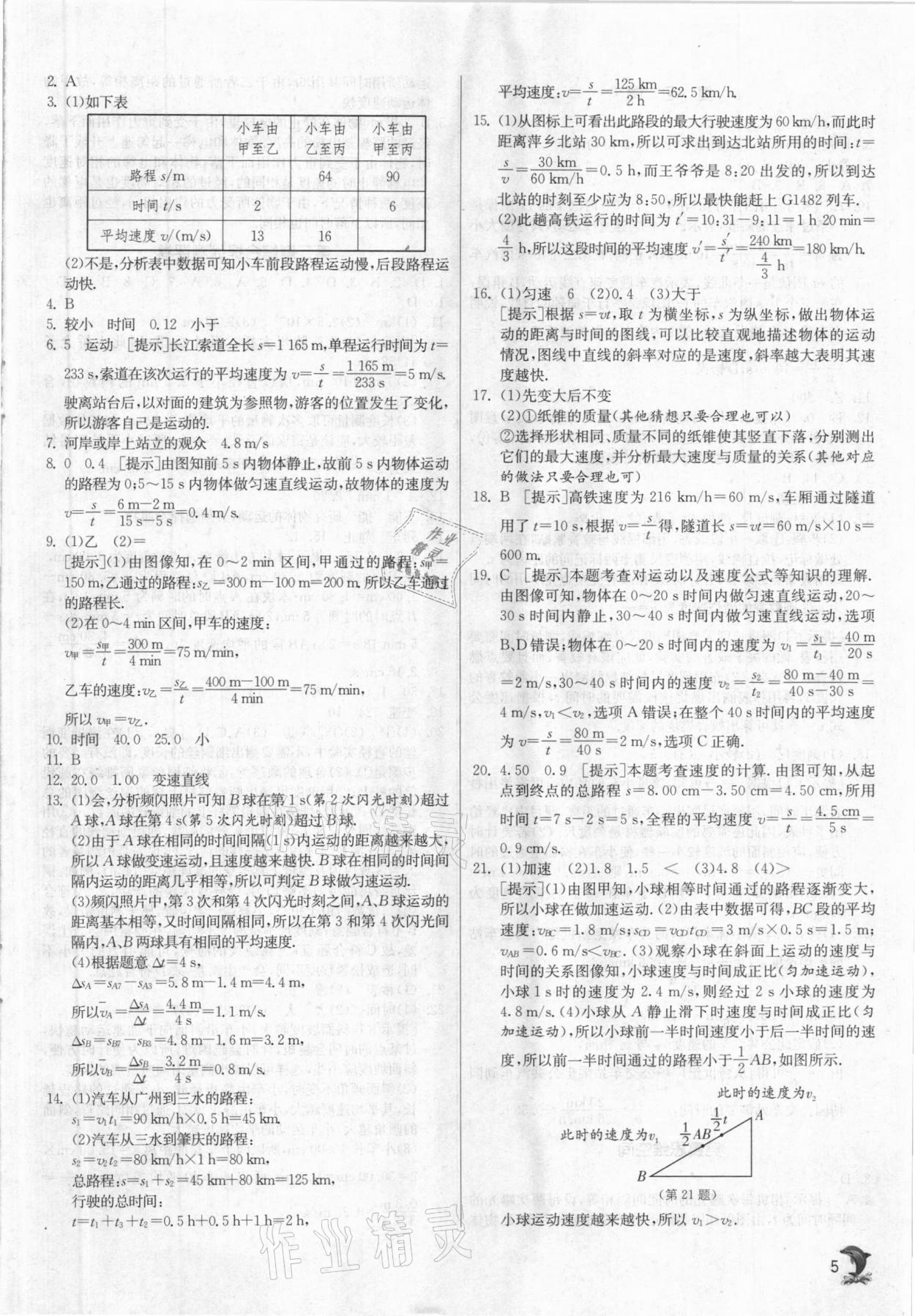 2020年實驗班提優(yōu)訓(xùn)練八年級物理上冊滬科版 參考答案第5頁