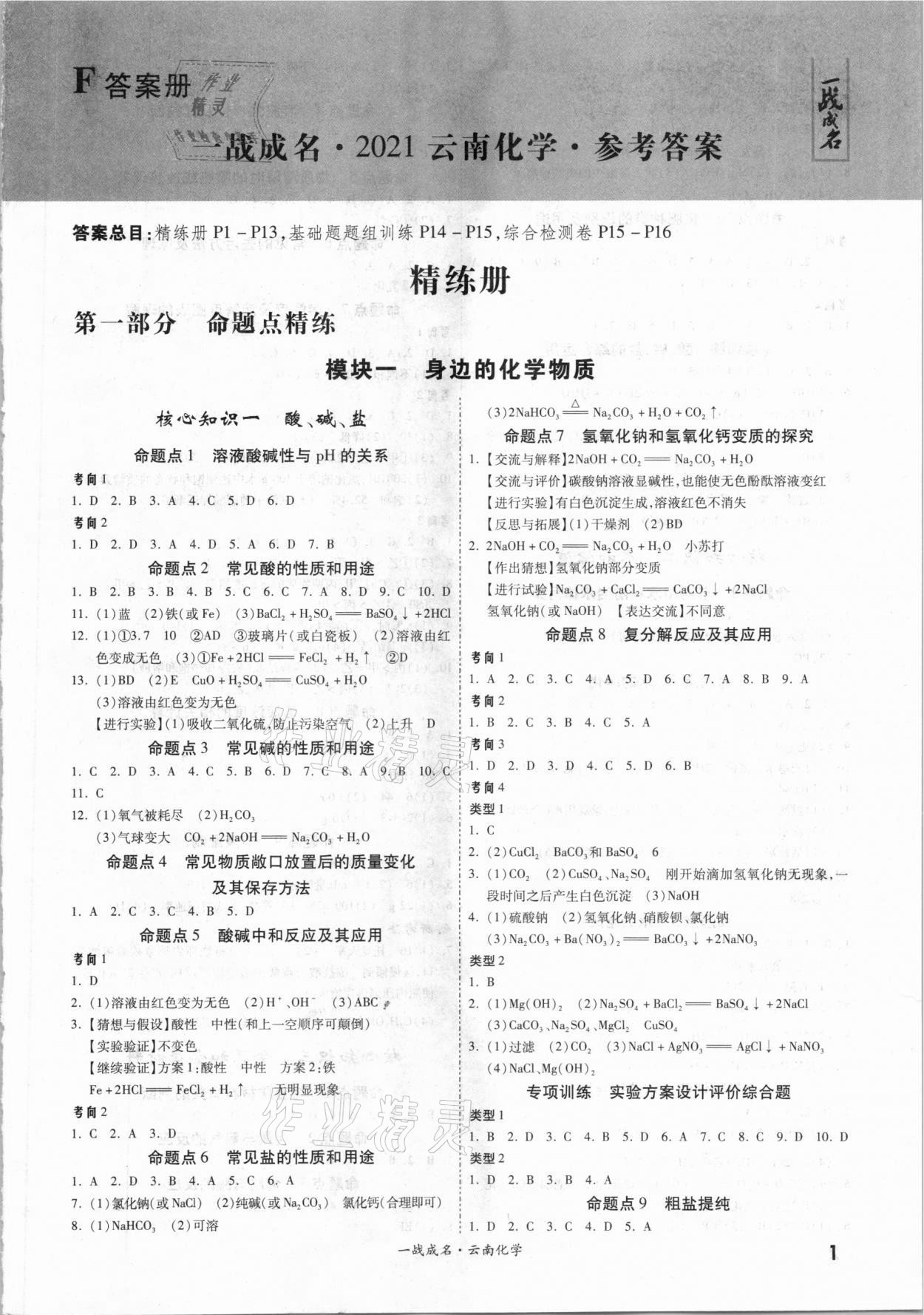 2021年一战成名云南中考考前新方案化学a精练册