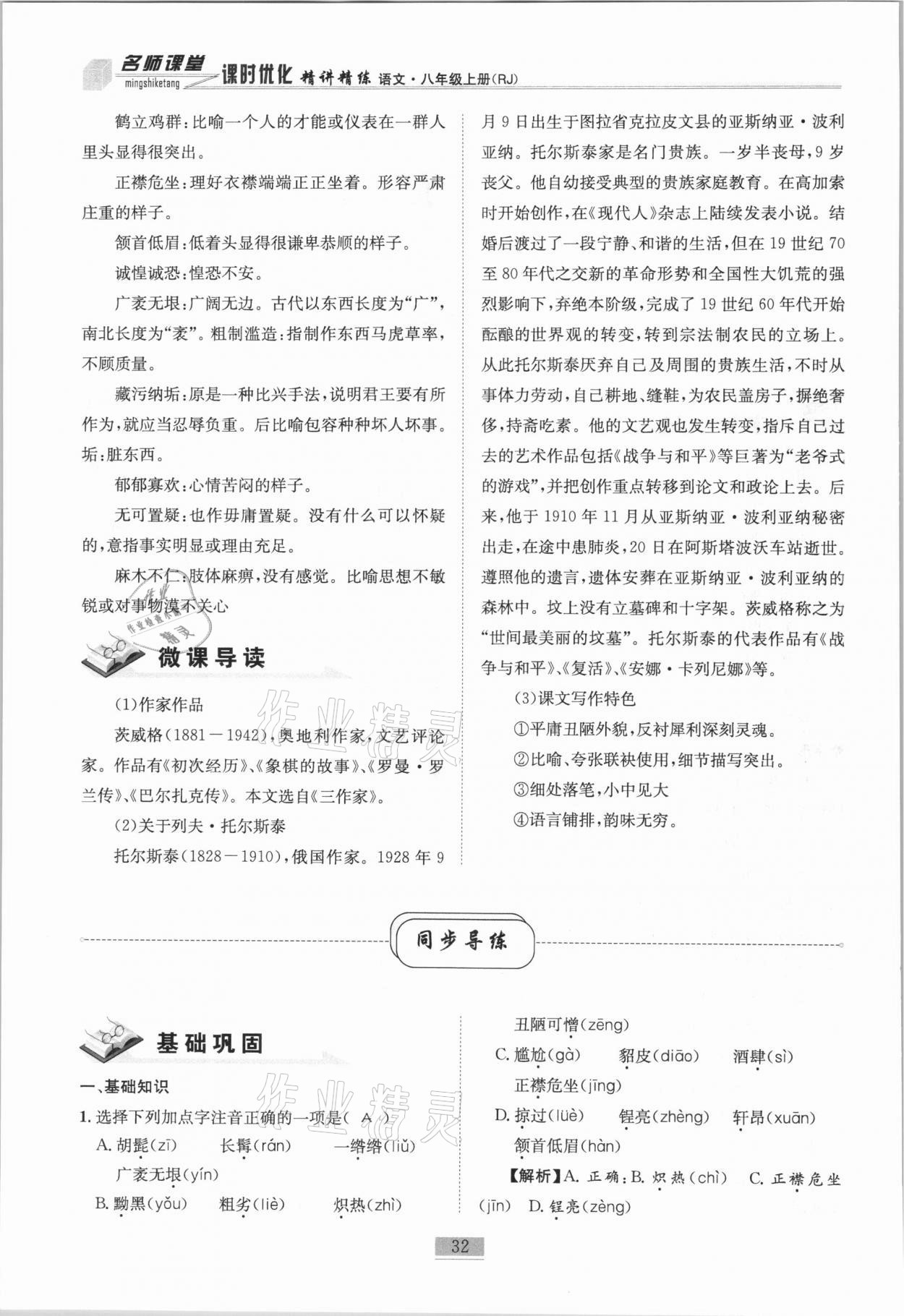 2020年名师课堂课时优化精讲精练八年级语文上册人教版 第32页