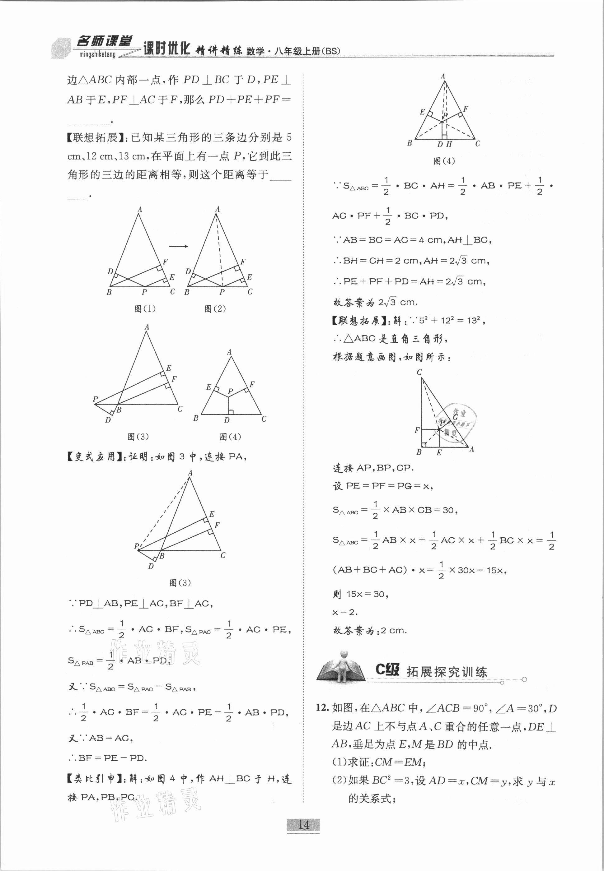 2020年名师课堂课时优化精讲精练八年级数学上册北师大版 参考答案第14页