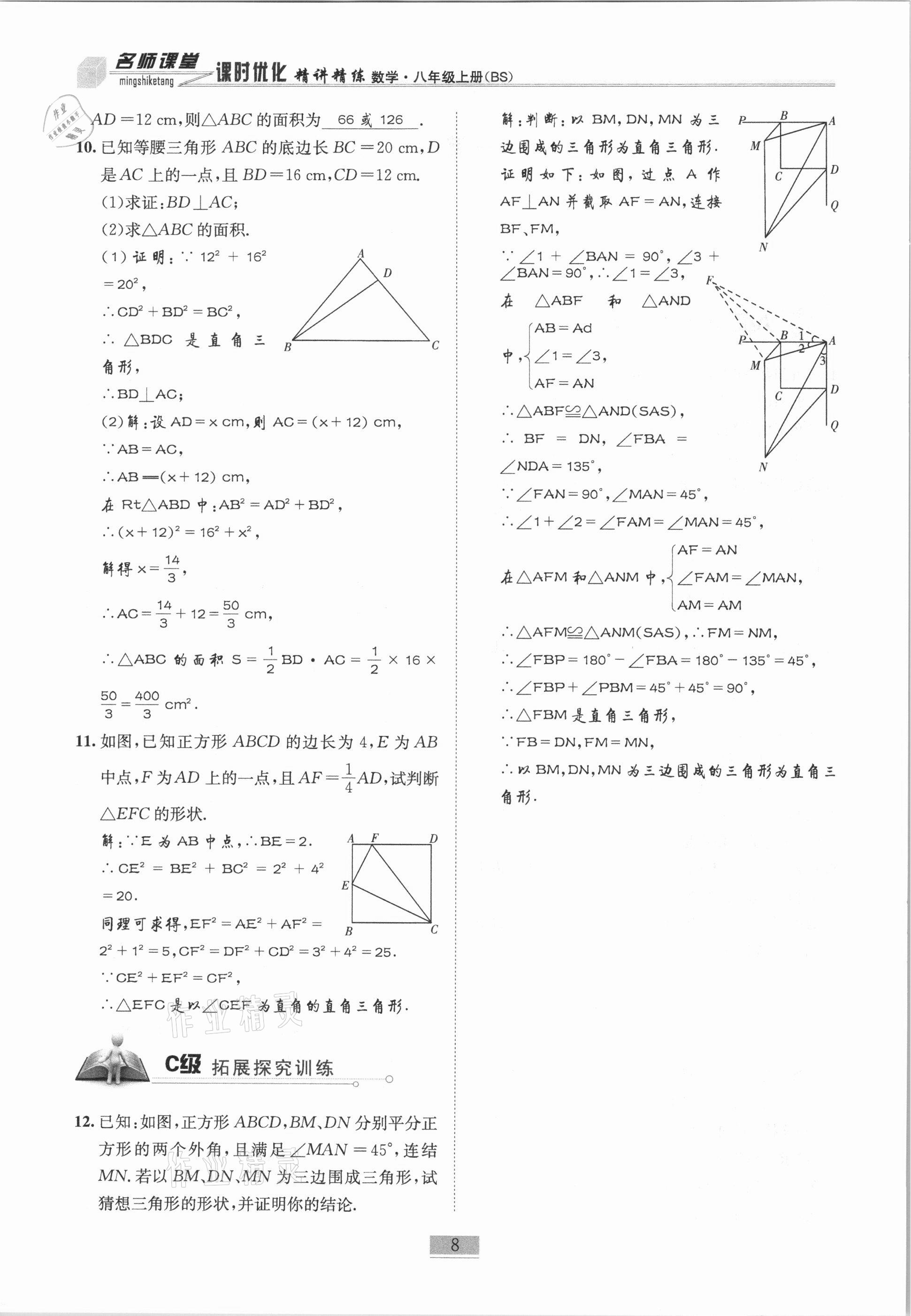 2020年名师课堂课时优化精讲精练八年级数学上册北师大版 参考答案第8页