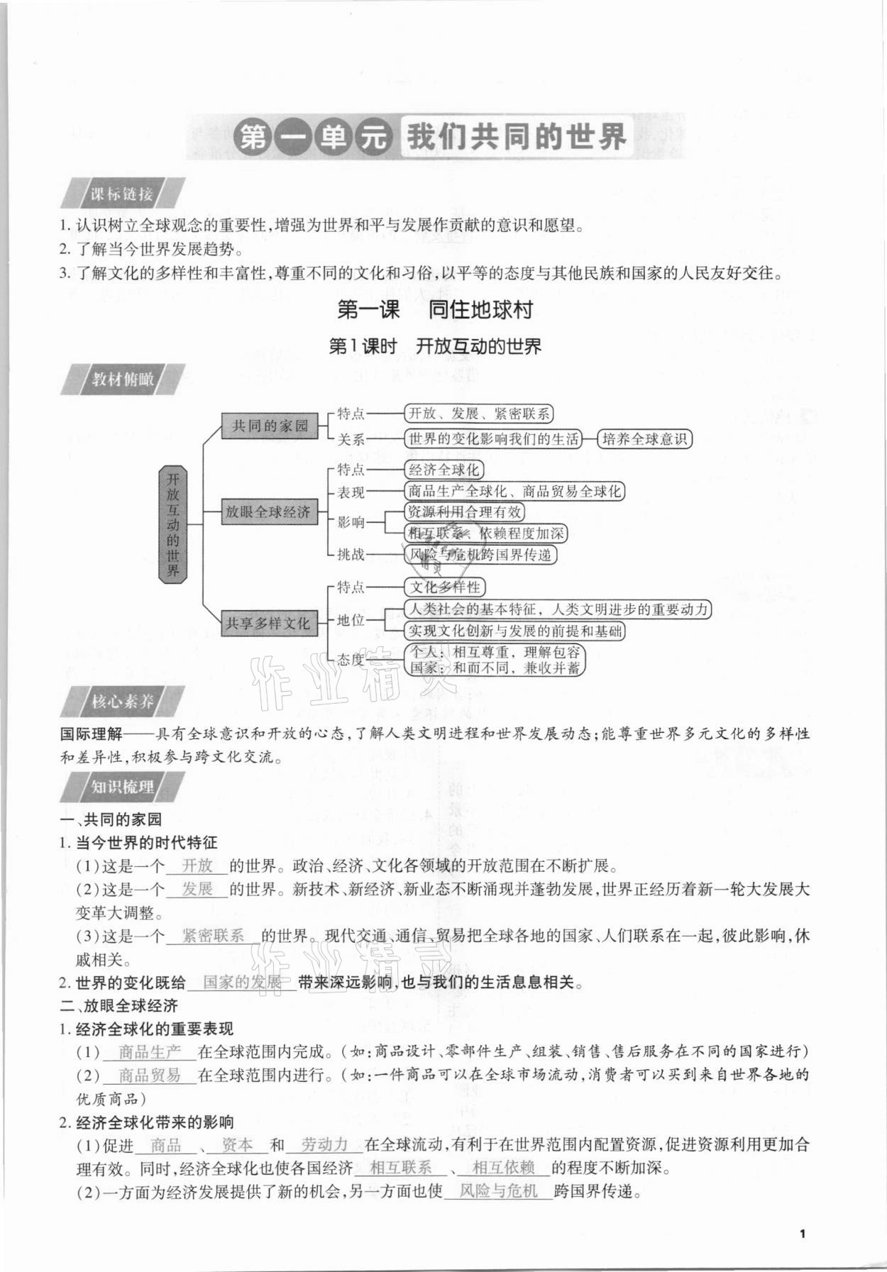 2021年我的作业九年级道德与法治下册人教版 第1页