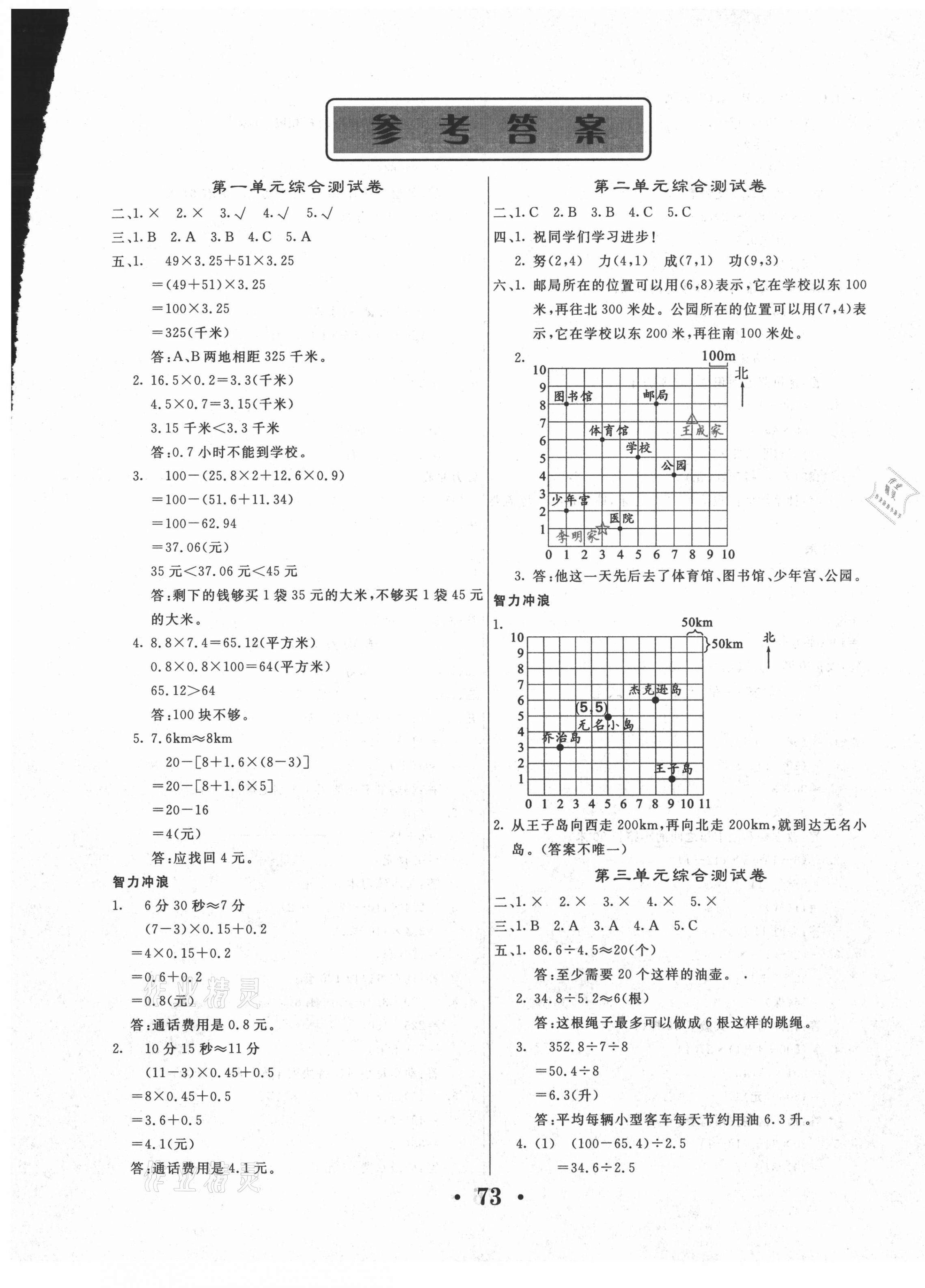 2020年名校名卷五年级数学上册人教版参考答案第1页参考答案