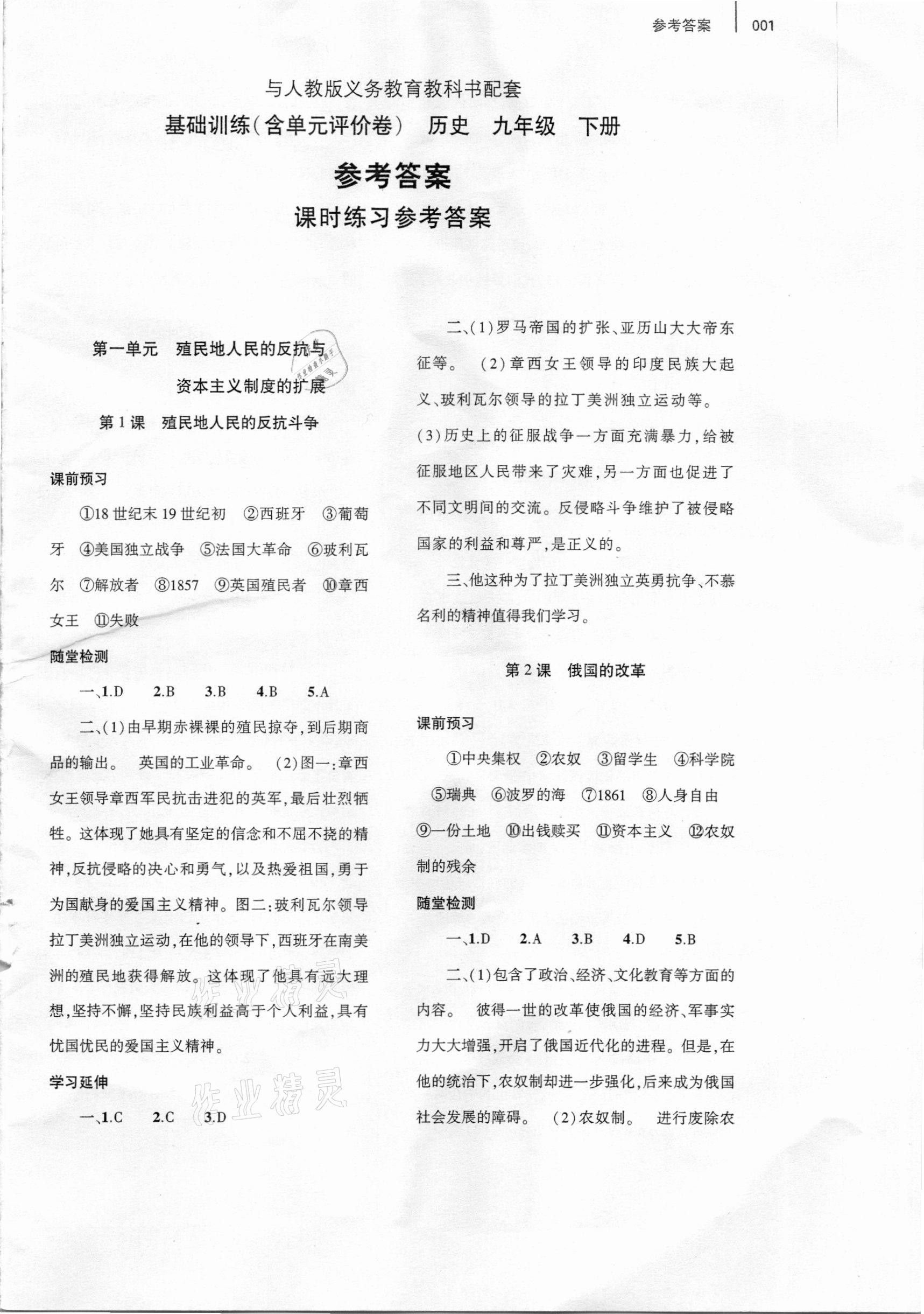 2021年基礎(chǔ)訓(xùn)練九年級歷史下冊人教版大象出版社 參考答案第1頁