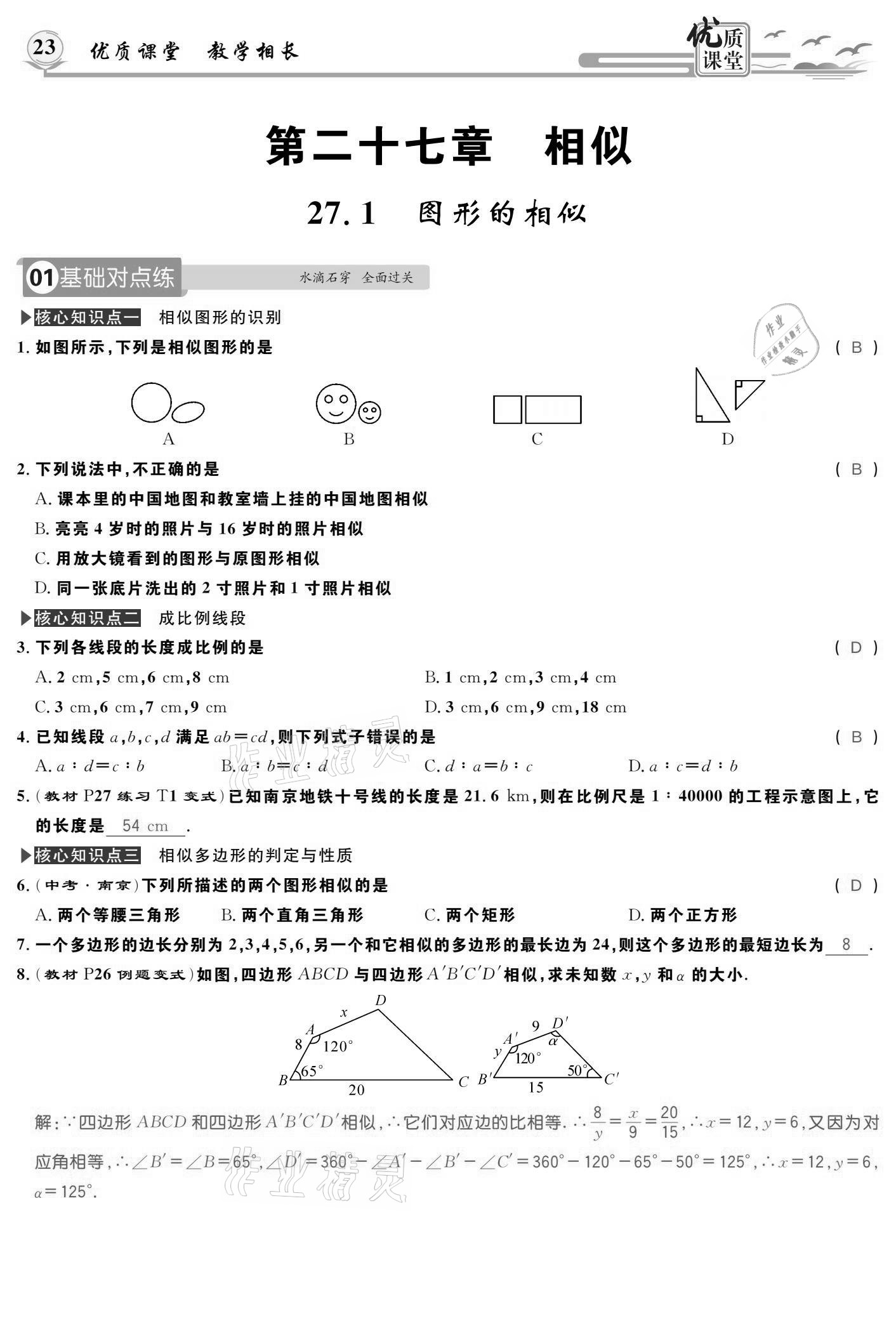 2021年優(yōu)質(zhì)課堂導學案九年級數(shù)學下冊人教版 參考答案第23頁