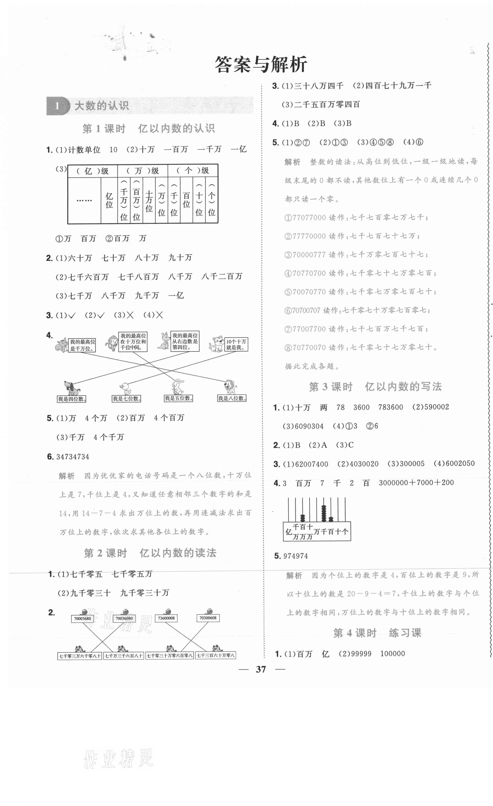 2020年阳光同学课时优化作业四年级数学上册人教版武汉专版 参考答案第1页