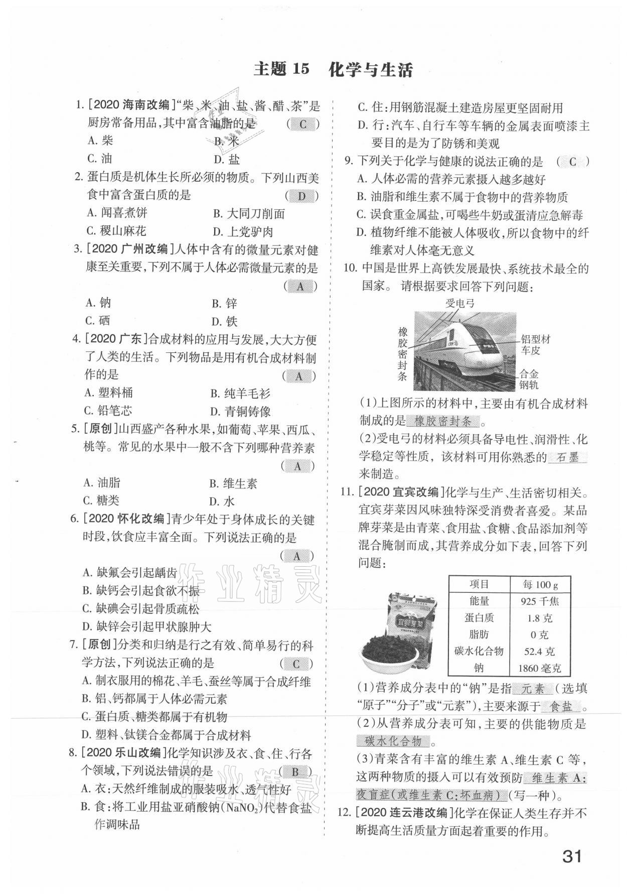 2021年滾動(dòng)遷移中考總復(fù)習(xí)化學(xué)山西專版 參考答案第31頁(yè)