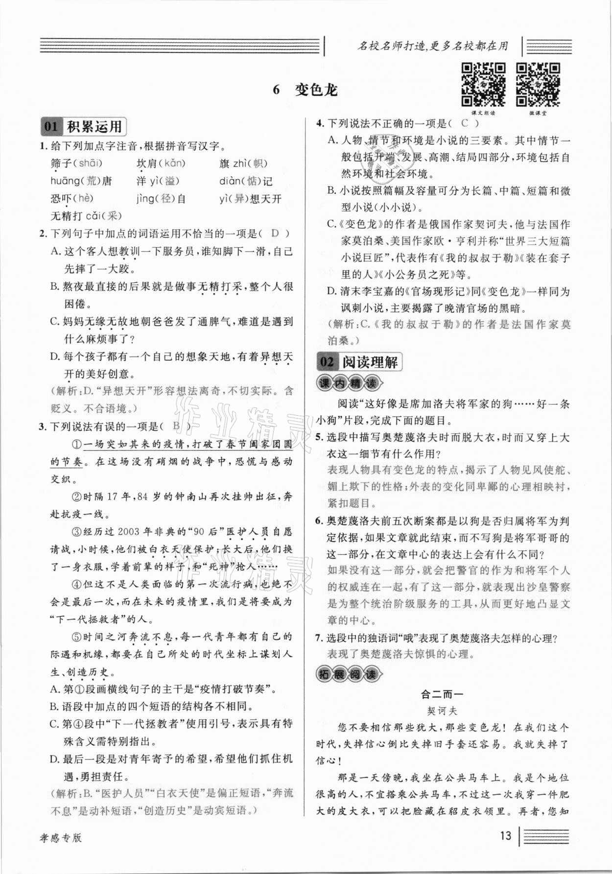 2021年名校課堂九年級語文下冊人教版孝感專版 參考答案第13頁