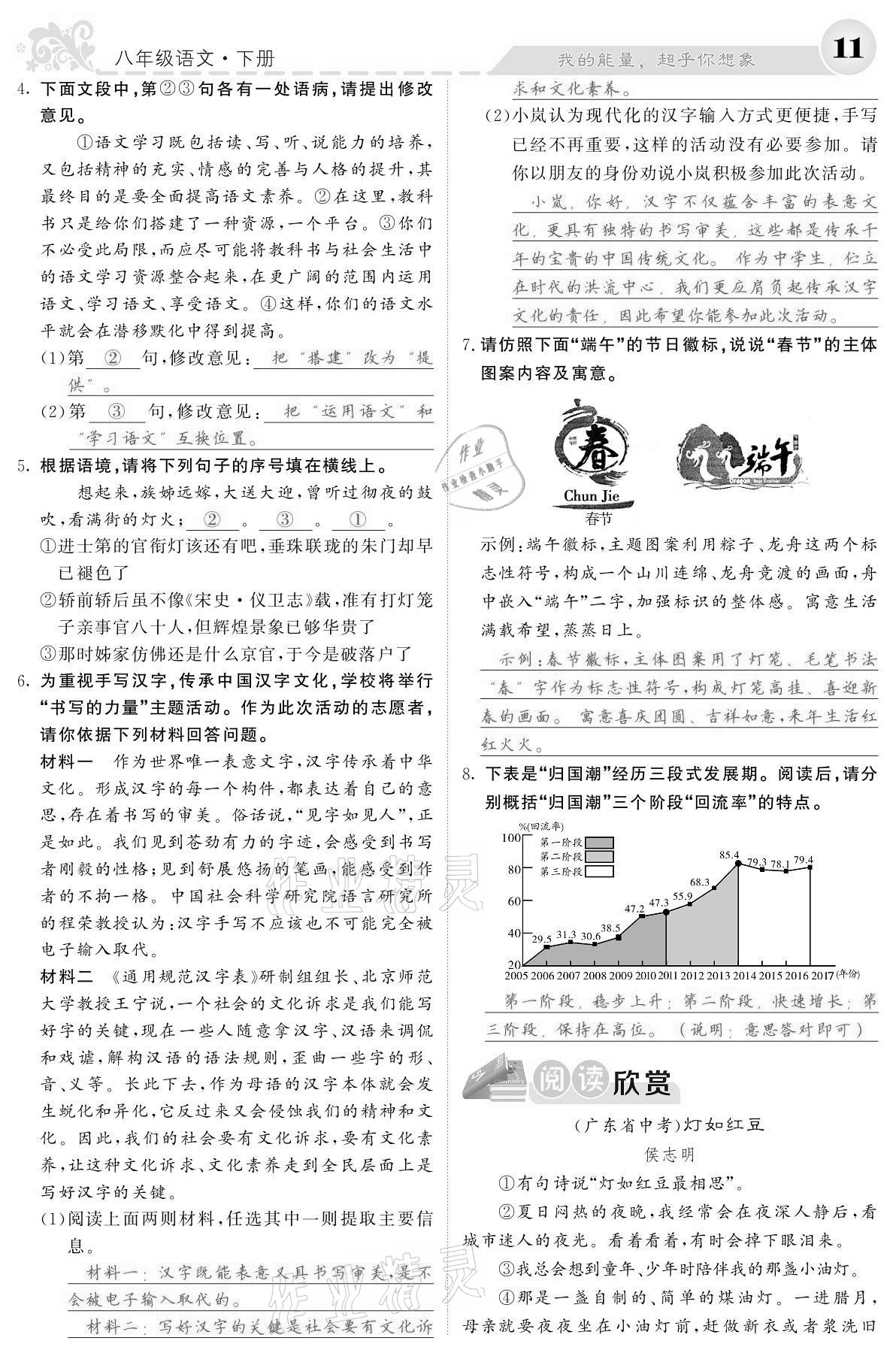 2021年課堂點(diǎn)睛八年級(jí)語文下冊(cè)人教版寧夏專版 參考答案第11頁