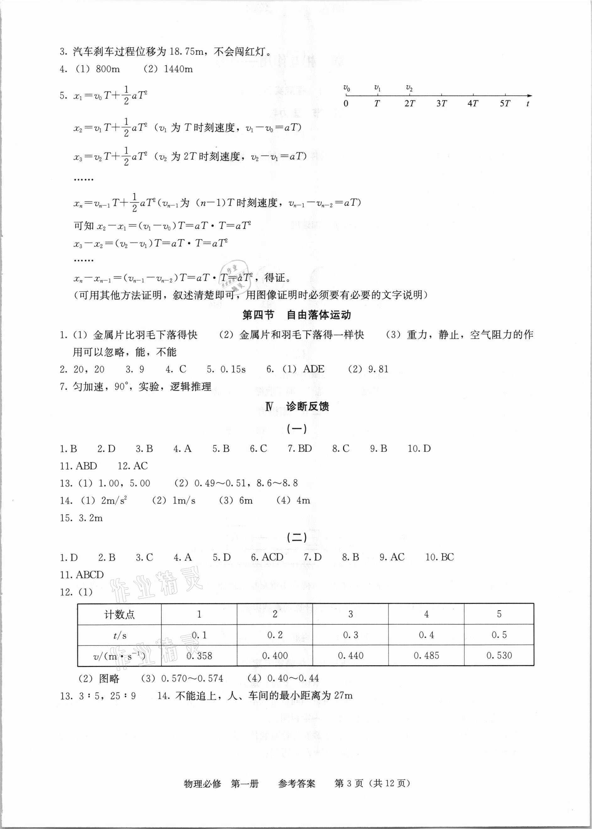 2020年学习探究诊断高中物理必修第一册人教版 参考答案第3页