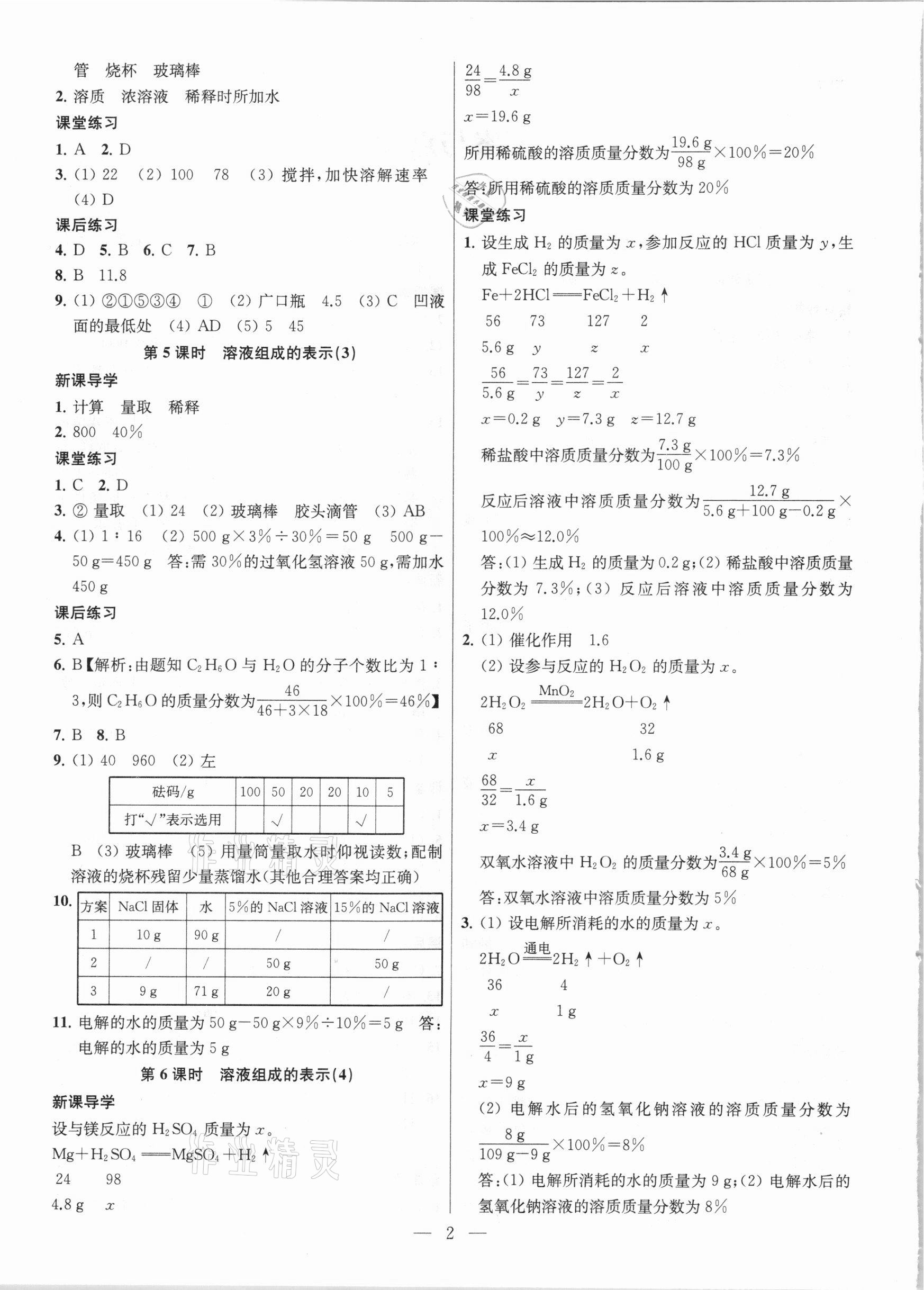 2021年金鑰匙課時(shí)學(xué)案作業(yè)本九年級(jí)化學(xué)下冊(cè)滬教版 參考答案第2頁