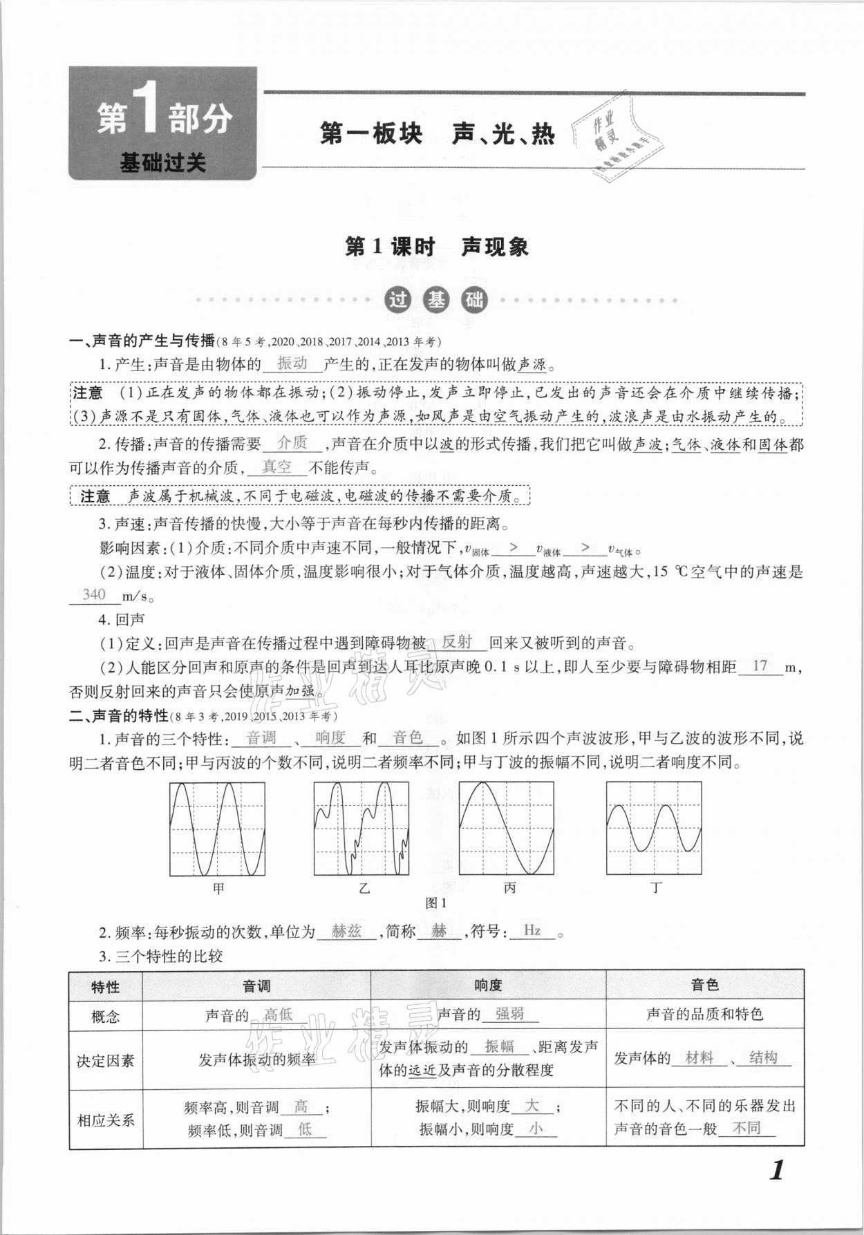 2021年领跑中考物理江西专版 参考答案第1页