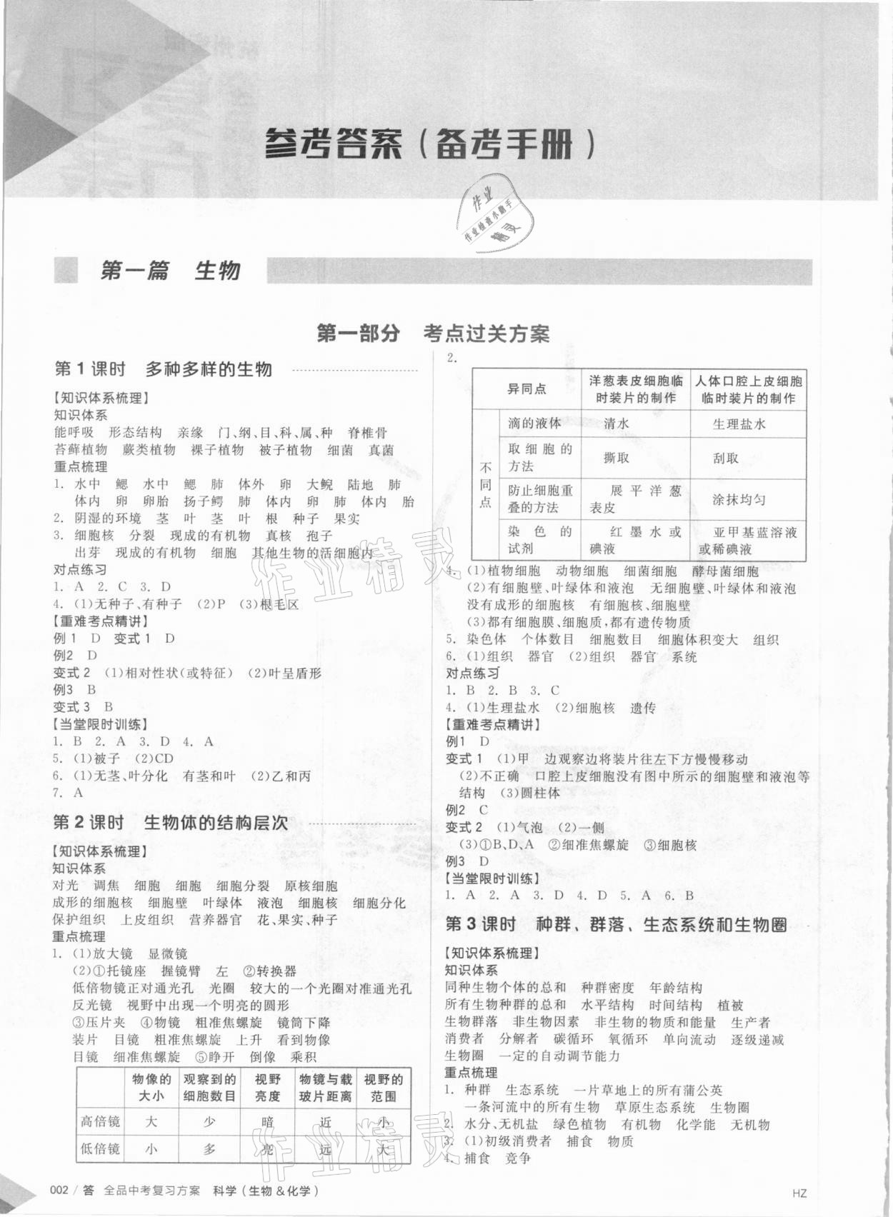 2021年全品中考复习方案科学杭州专版 参考答案第1页