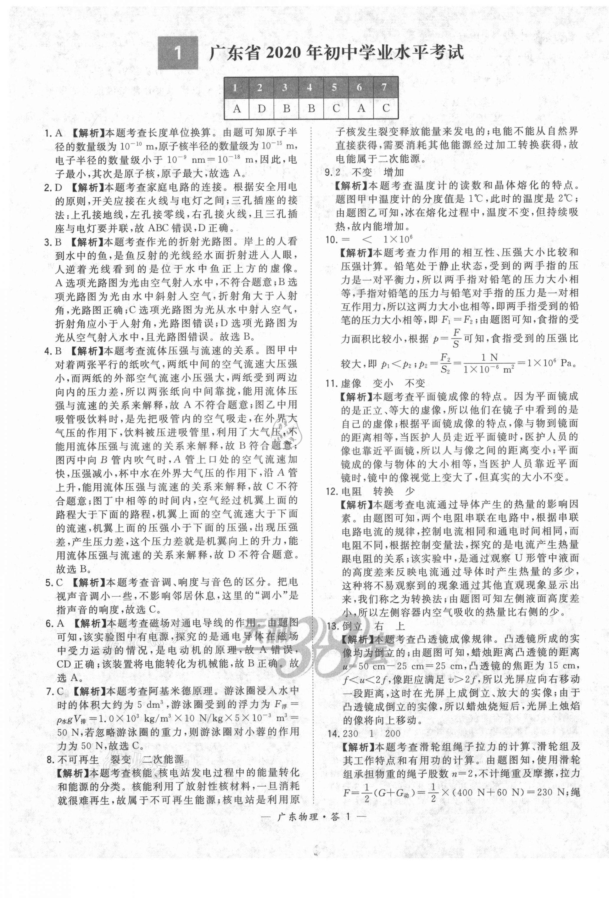 2021年天利38套广东省中考试题精选物理 第1页