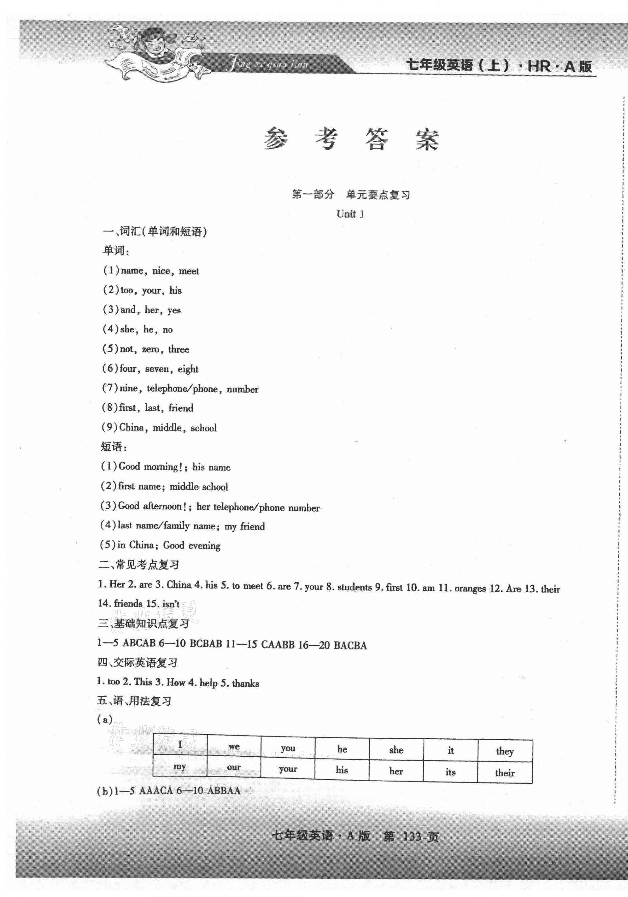 2020年精析巧练阶段性同步复习与测试七年级英语上册人教版54制 第1页