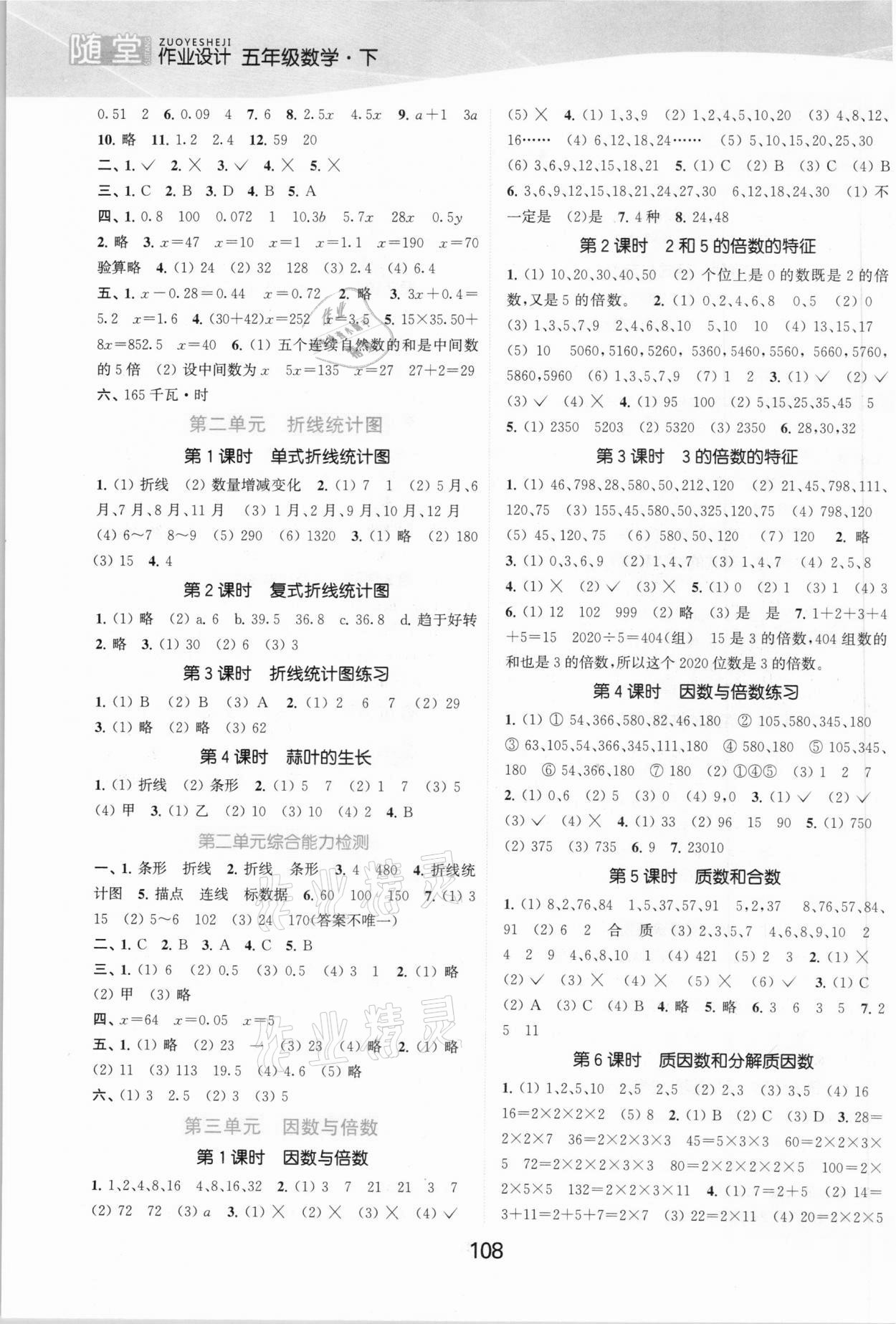 2021年高效精练提优作业本五年级数学下册苏教版 参考答案第2页