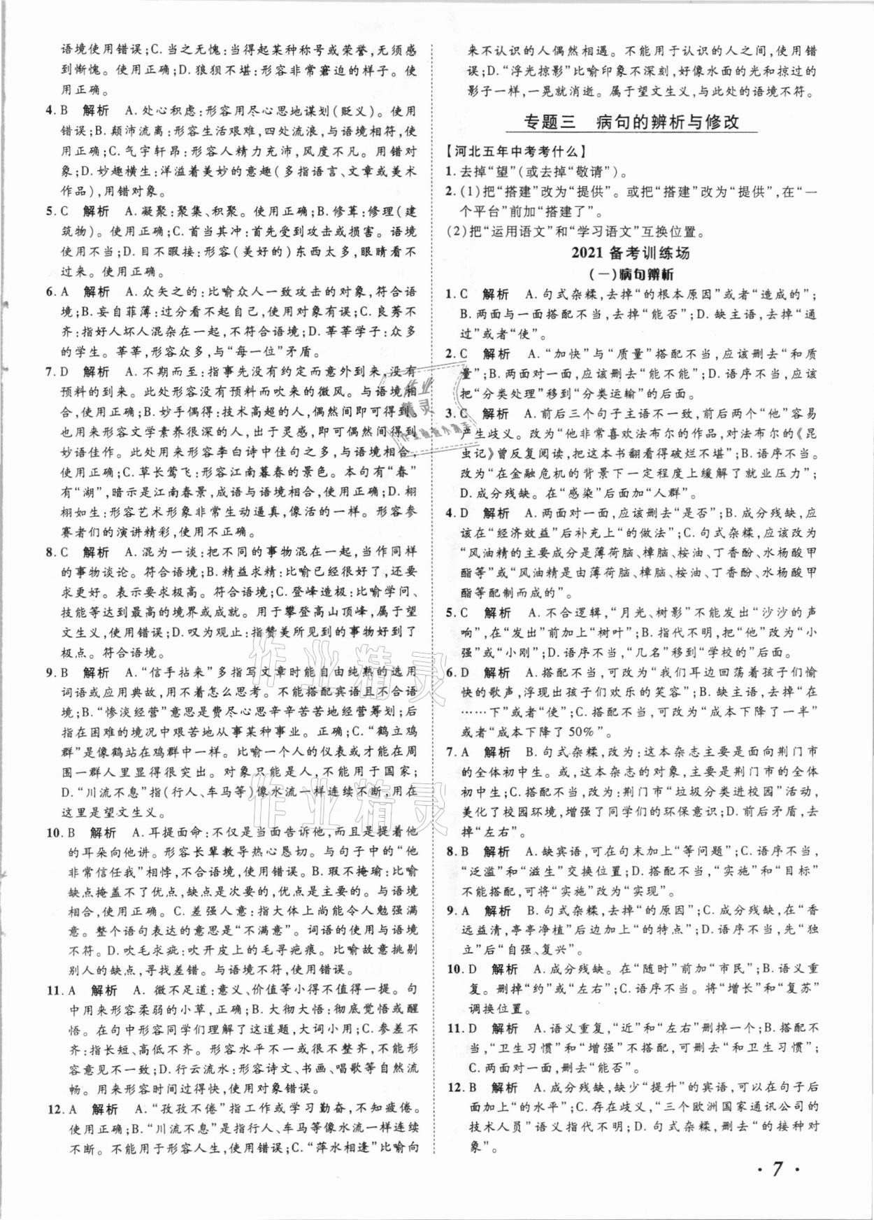 2021年中考考什么语文河北专版 参考答案第7页
