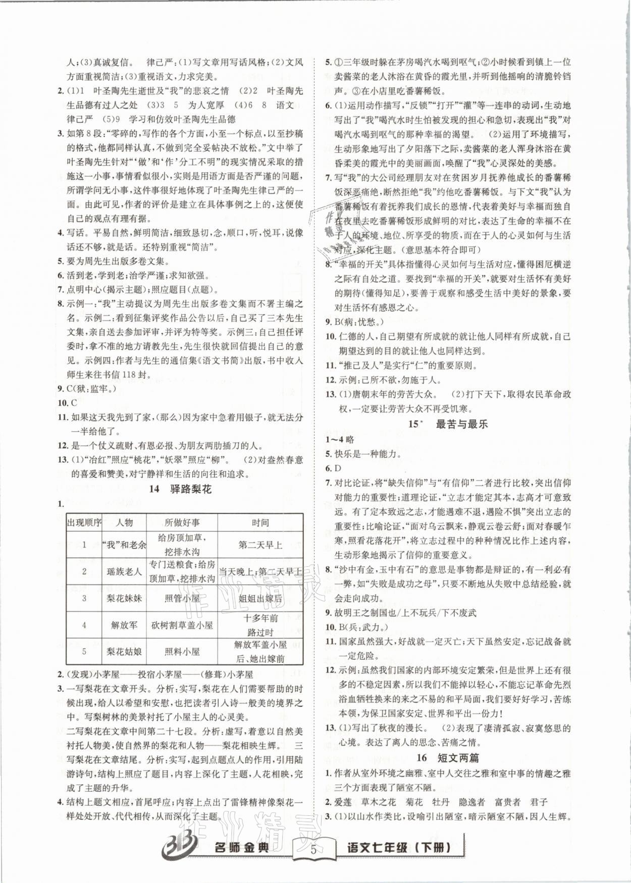 2021年名師金典BFB初中課時(shí)優(yōu)化七年級語文下冊人教版 參考答案第5頁