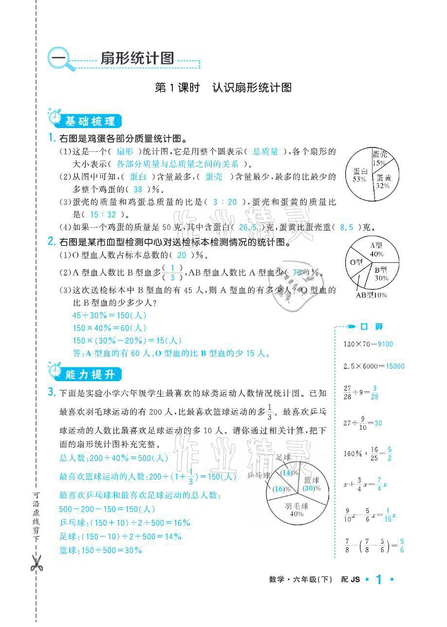 2021年小学1课3练培优作业本六年级数学下册江苏版 参考答案第1页