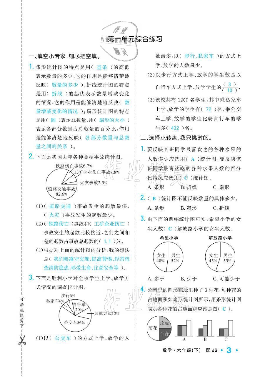 2021年小學(xué)1課3練培優(yōu)作業(yè)本六年級數(shù)學(xué)下冊江蘇版 參考答案第3頁