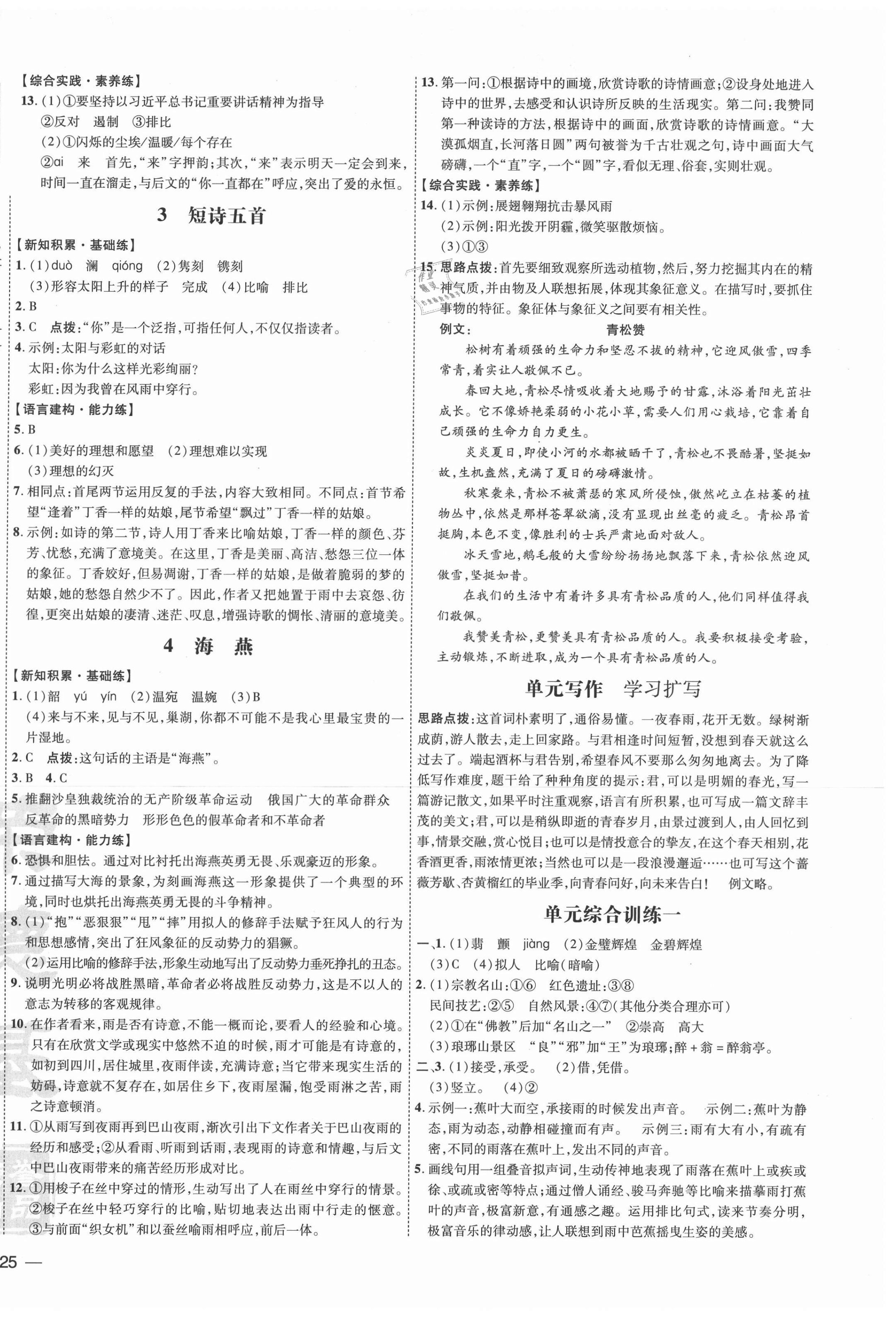 2021年點(diǎn)撥訓(xùn)練九年級(jí)語(yǔ)文下冊(cè)人教版安徽專(zhuān)版 參考答案第2頁(yè)