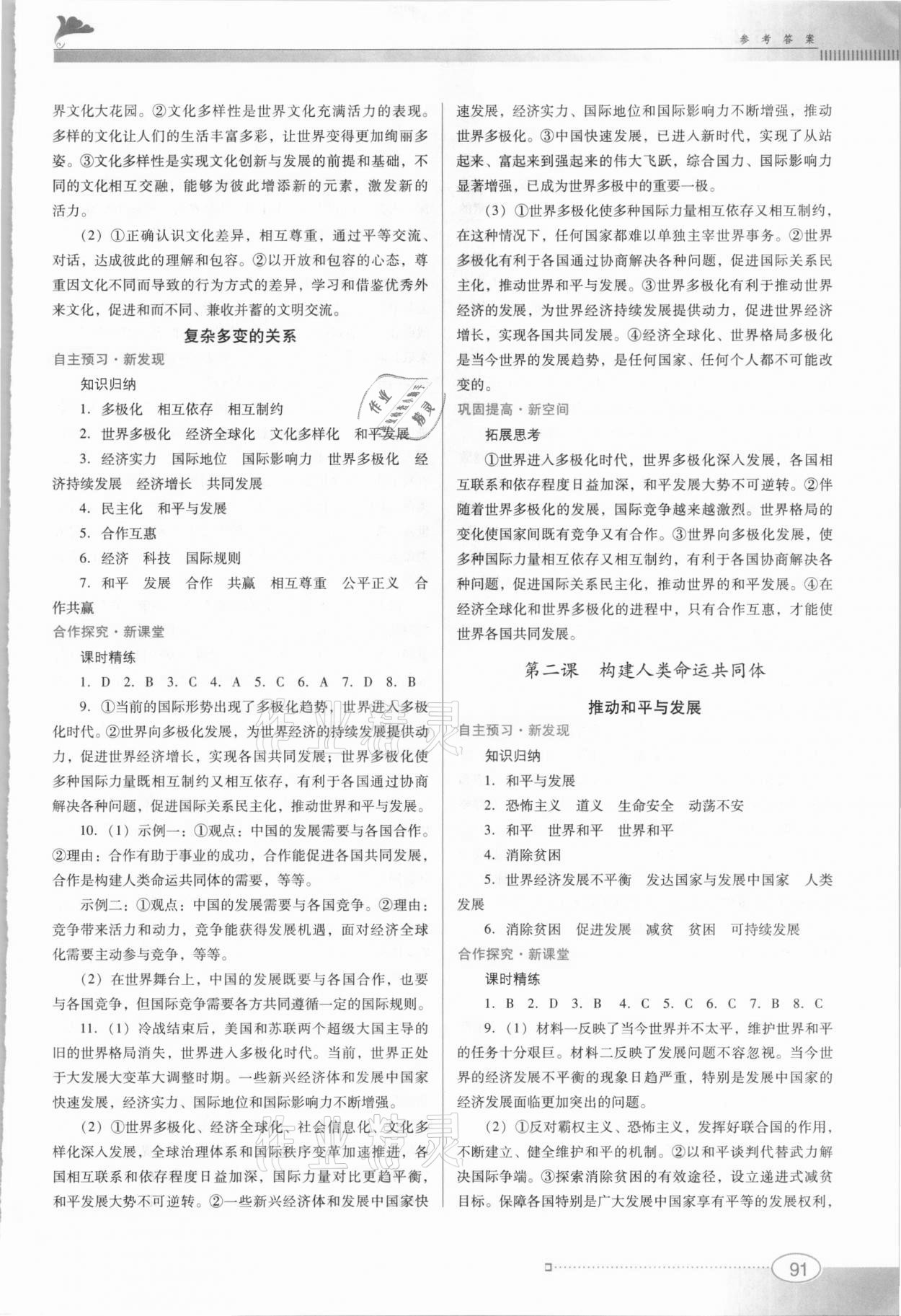 2021年南方新课堂金牌学案九年级道德与法治下册人教版 参考答案第2页