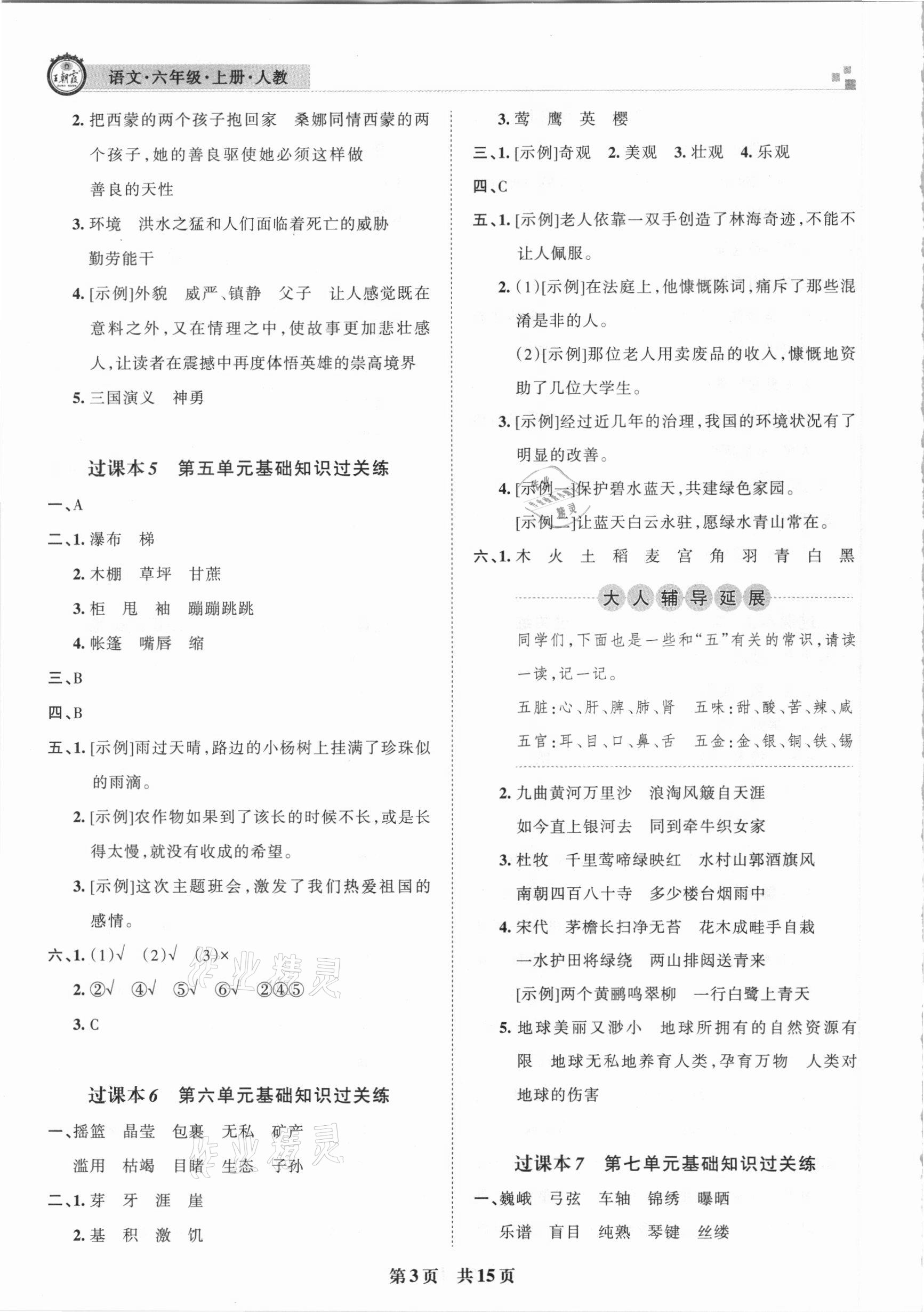 2020年王朝霞期末真題精編六年級(jí)語(yǔ)文上冊(cè)人教版南陽(yáng)專版 參考答案第3頁(yè)