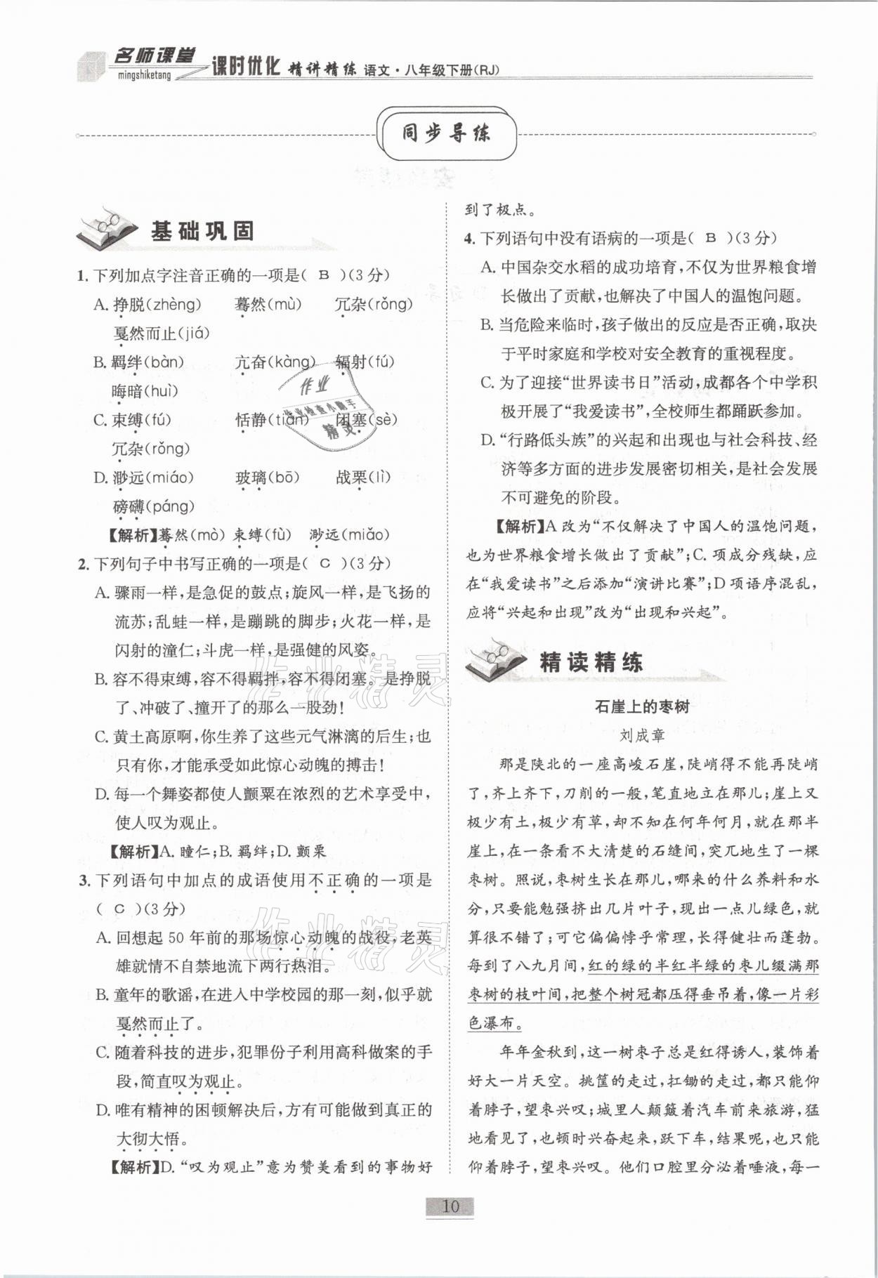 2021年名师课堂课时优化精讲精练八年级语文下册人教版 第10页