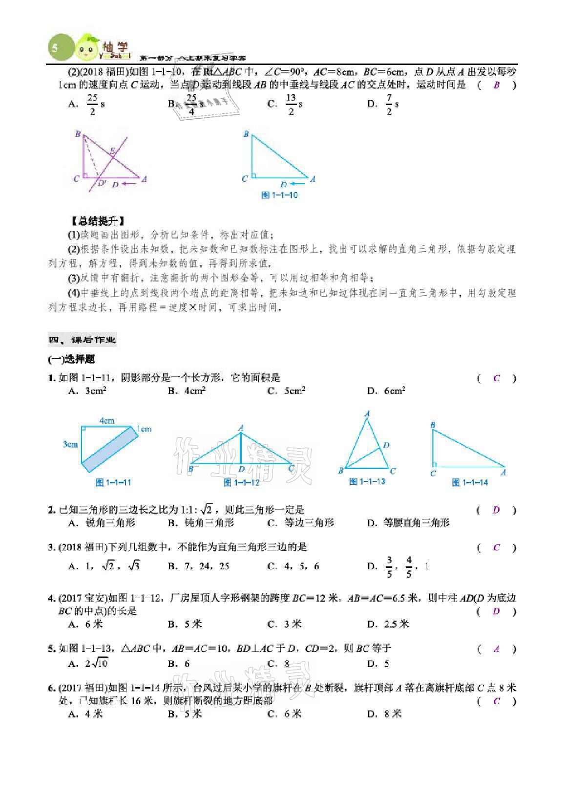 2020年智能作业与测评期末复习与假期作业八年级数学上册北师大版 参考答案第5页