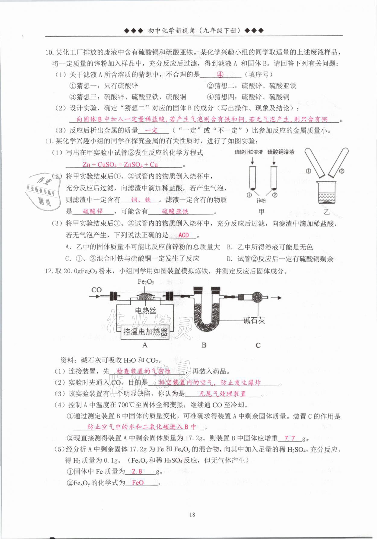 2021年新视角教辅系列丛书九年级化学下册人教版 参考答案第18页