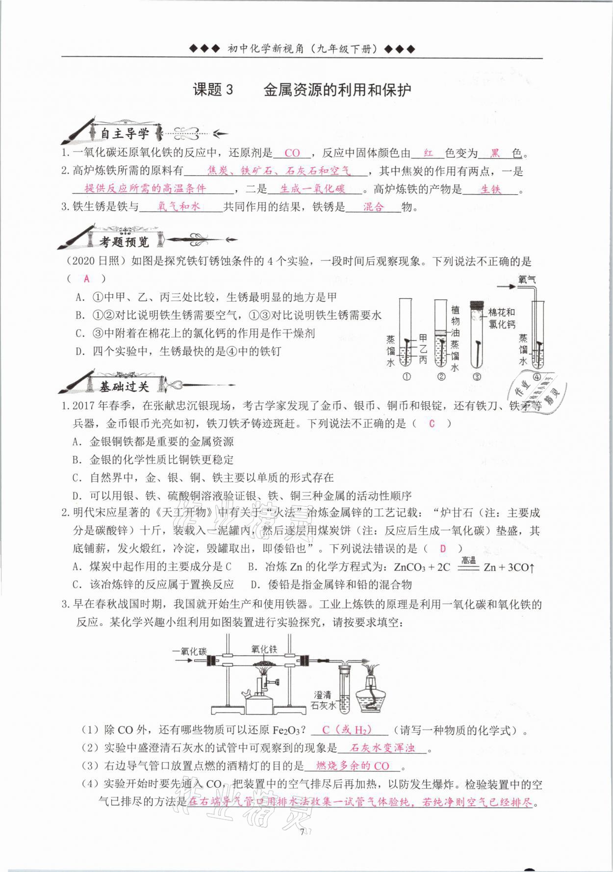 2021年新视角教辅系列丛书九年级化学下册人教版 参考答案第7页