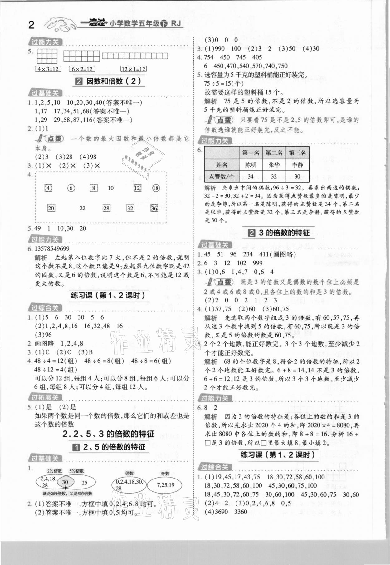 2021年一遍過(guò)小學(xué)數(shù)學(xué)五年級(jí)下冊(cè)人教版 參考答案第2頁(yè)