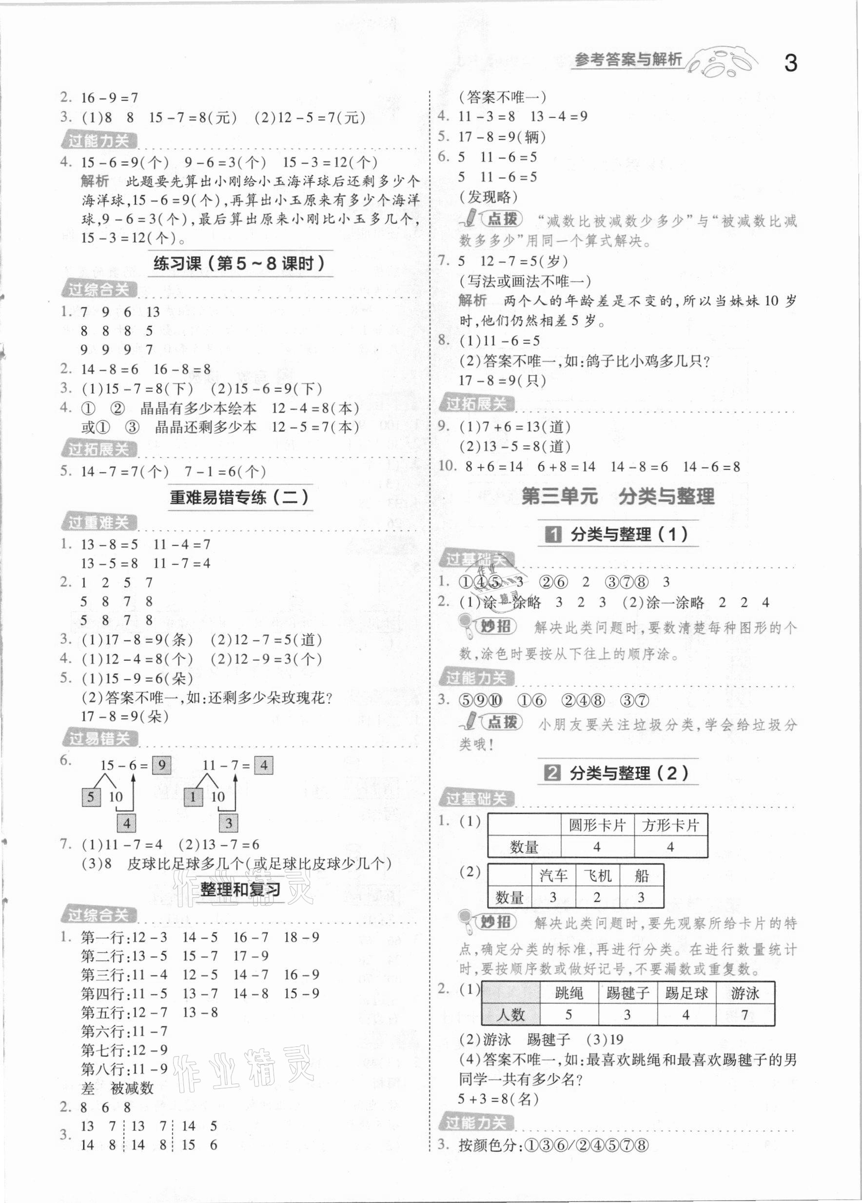 2021年一遍過小學(xué)數(shù)學(xué)一年級下冊人教版 參考答案第3頁