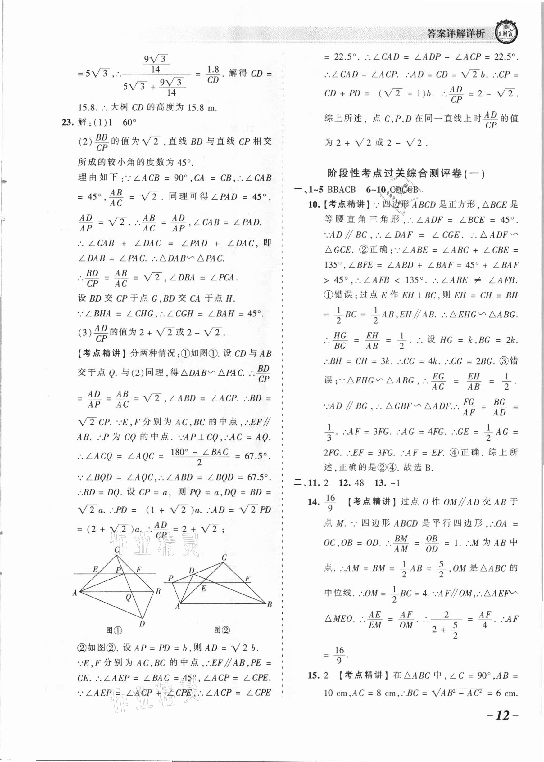2021年王朝霞考点梳理时习卷九年级数学全一册华师大版 参考答案第12页