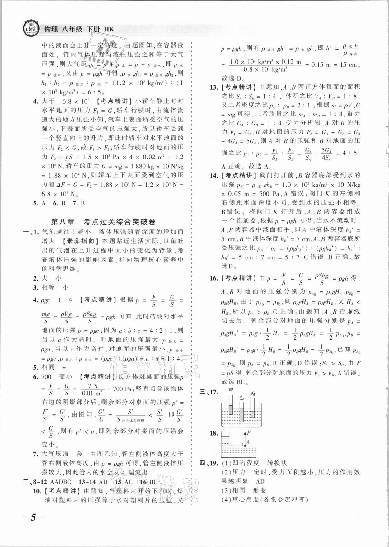 2021年王朝霞考点梳理时习卷八年级物理下册沪科版 参考答案第5页