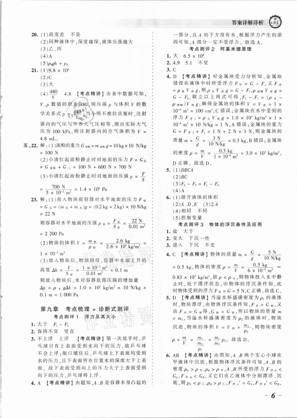 2021年王朝霞考点梳理时习卷八年级物理下册沪科版 参考答案第6页