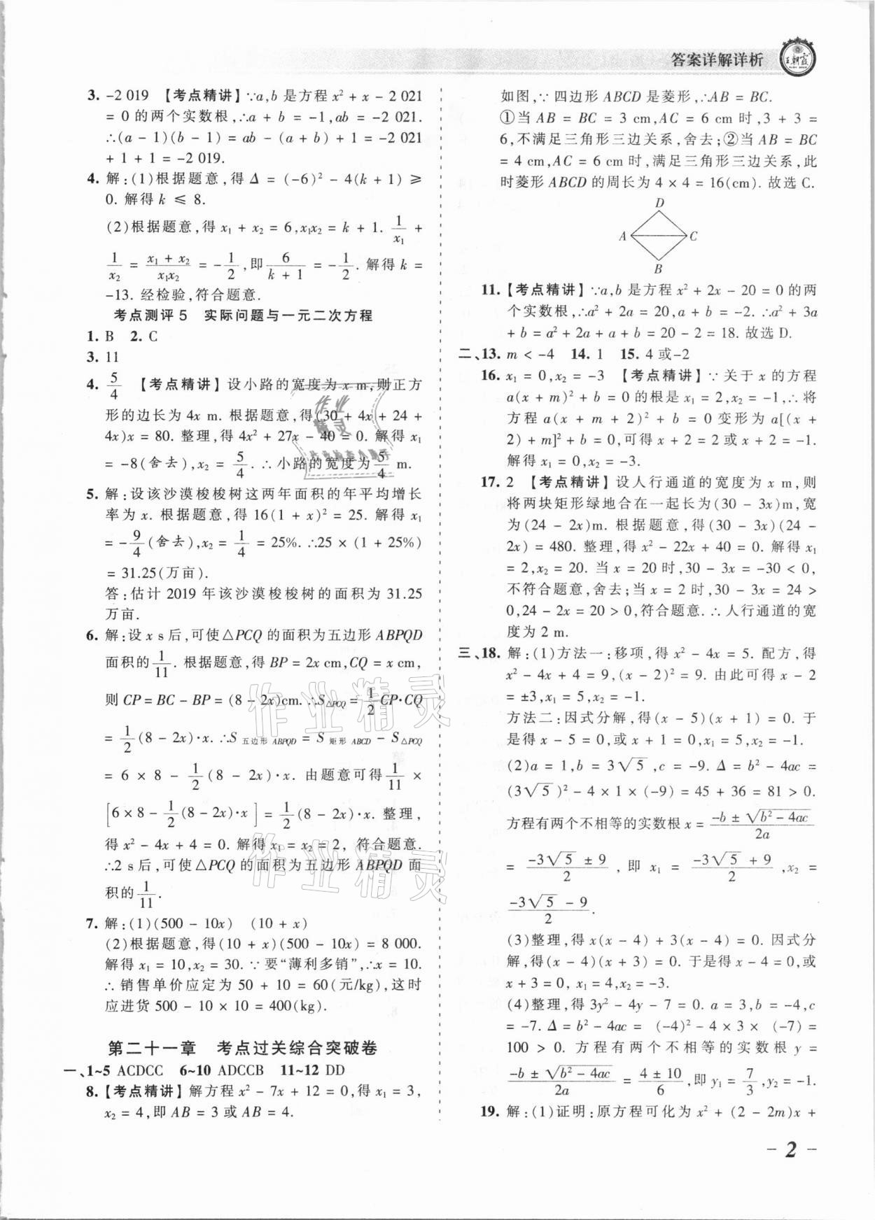 2021年王朝霞考点梳理时习卷九年级数学全一册人教版 参考答案第2页