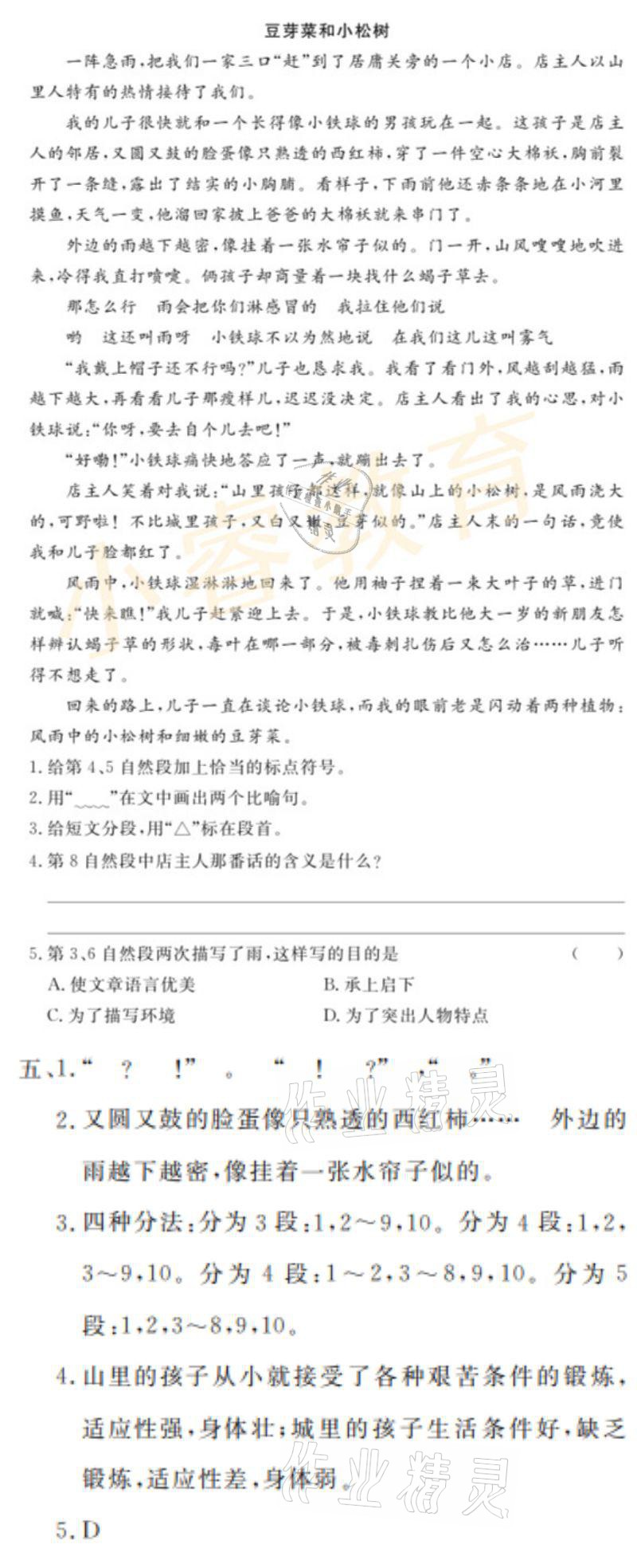 2021年湘岳假期寒假作业五年级语文 参考答案第4页