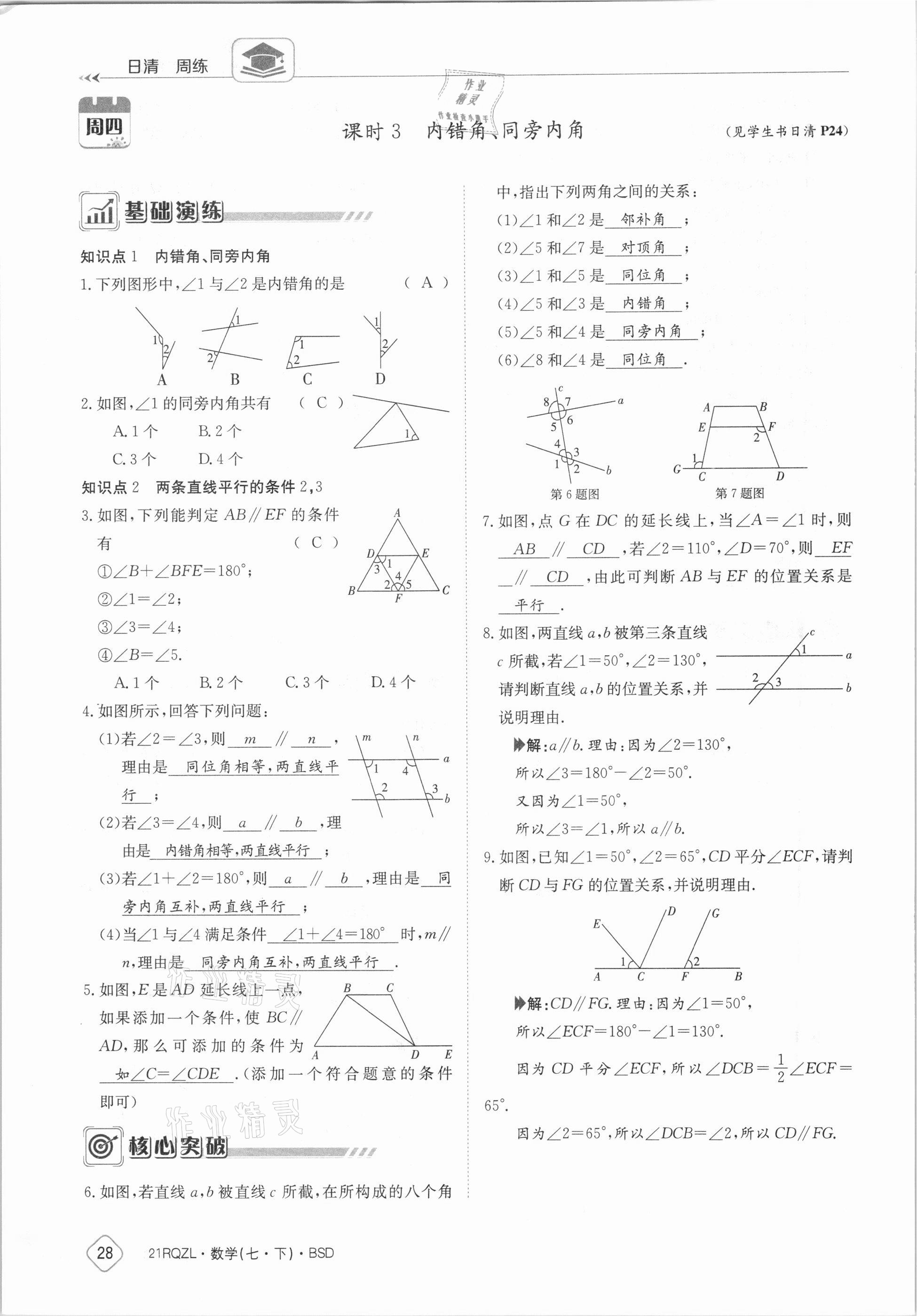 2021年日清周練七年級數(shù)學(xué)下冊北師大版 參考答案第28頁