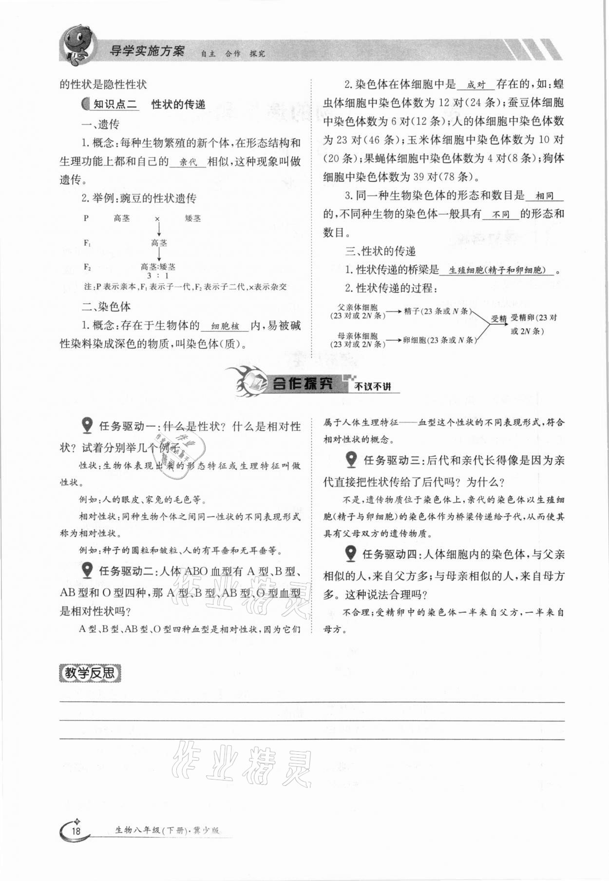 2021年金太阳导学案八年级生物下册冀少版 参考答案第18页