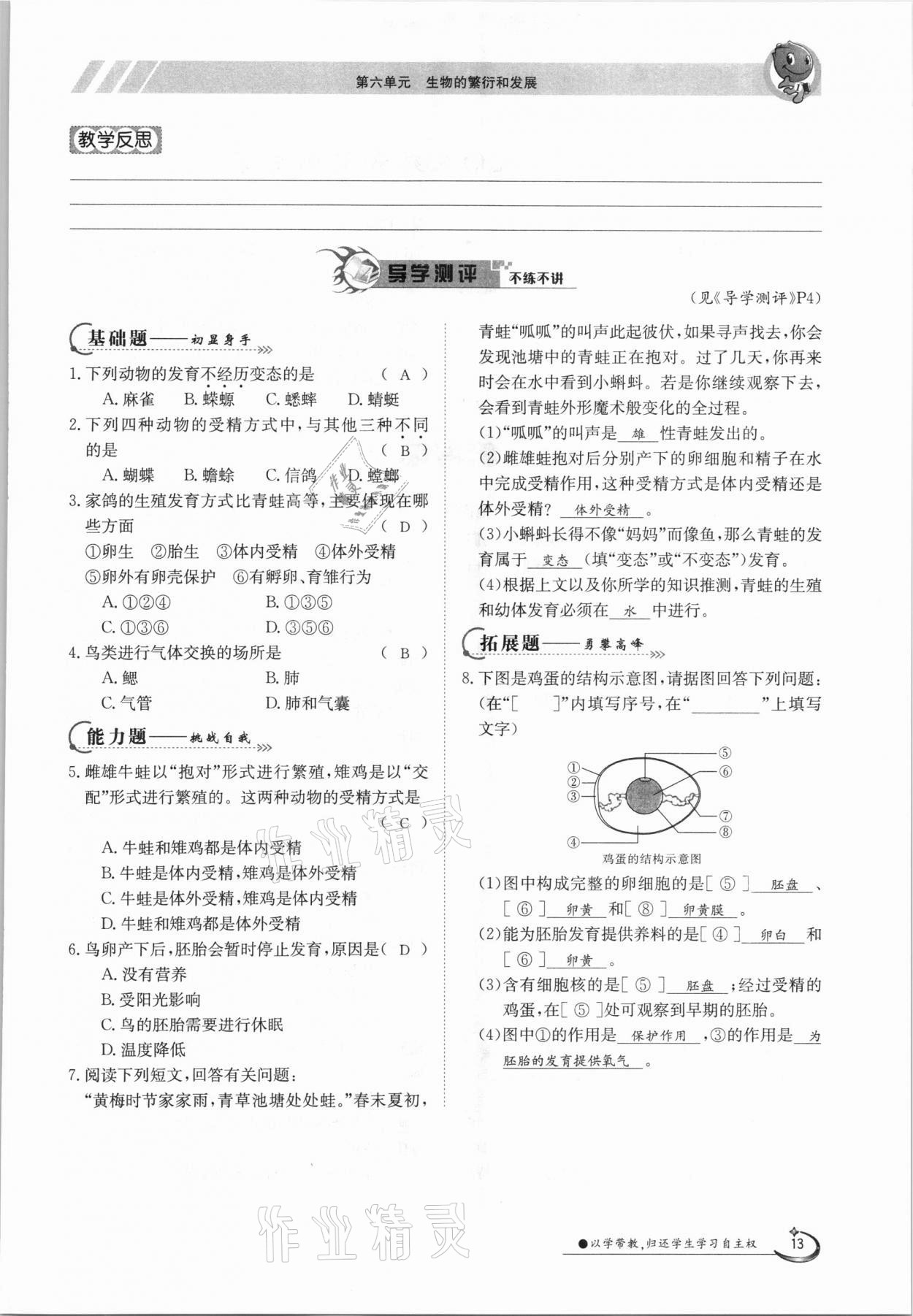 2021年金太阳导学案八年级生物下册冀少版 参考答案第13页