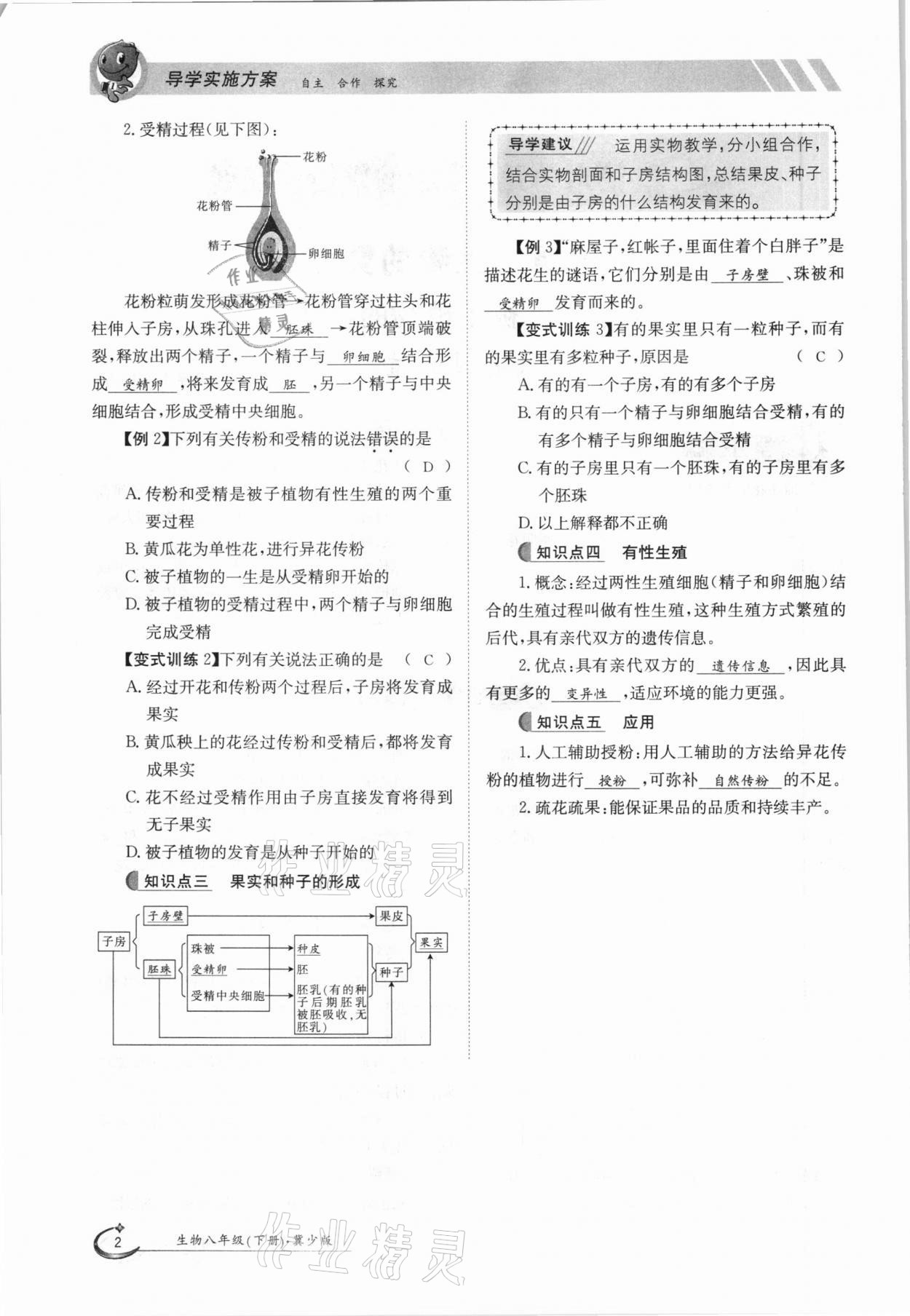 2021年金太阳导学案八年级生物下册冀少版 参考答案第2页