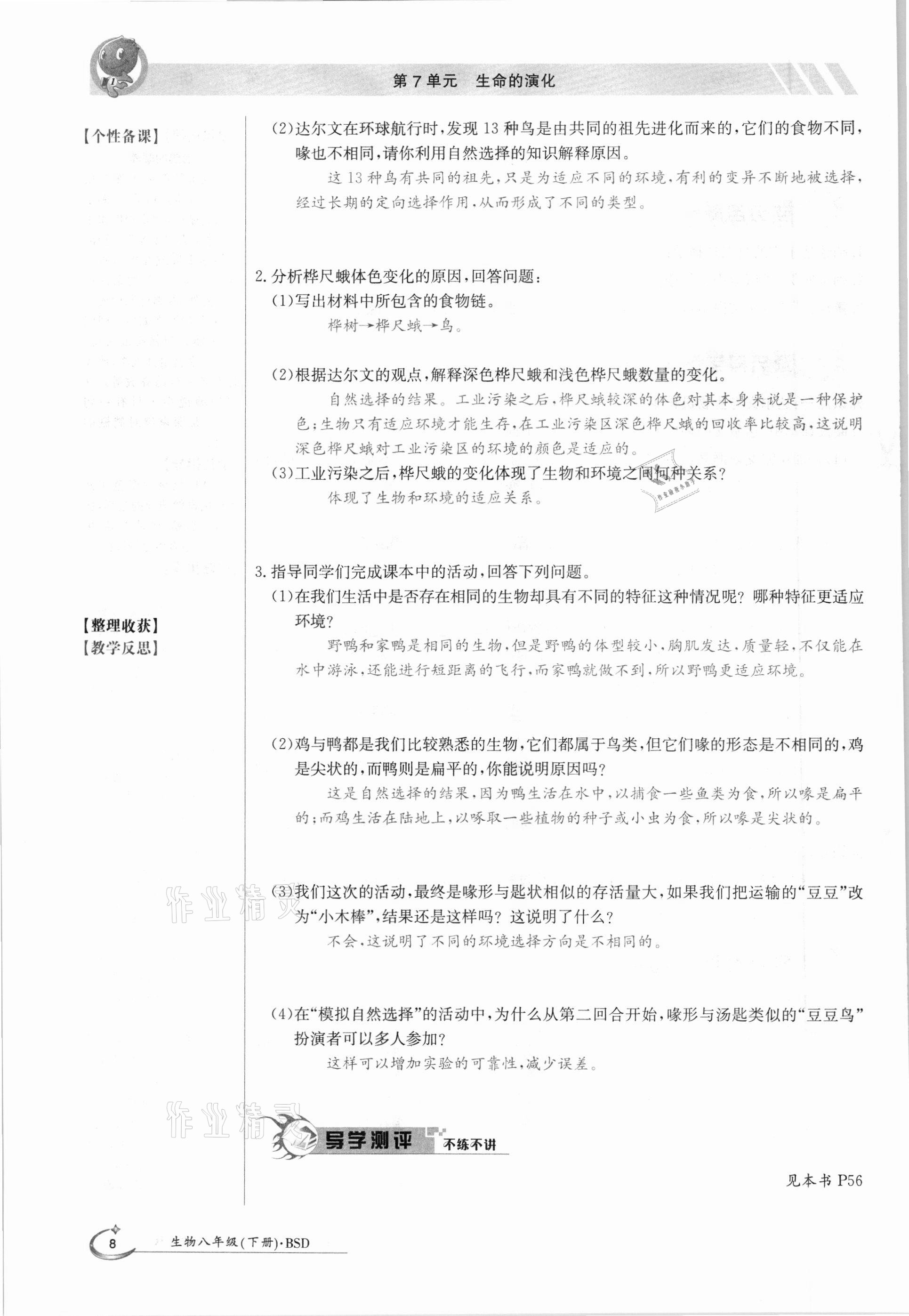 2021年金太阳导学案八年级生物下册北师大版 参考答案第8页