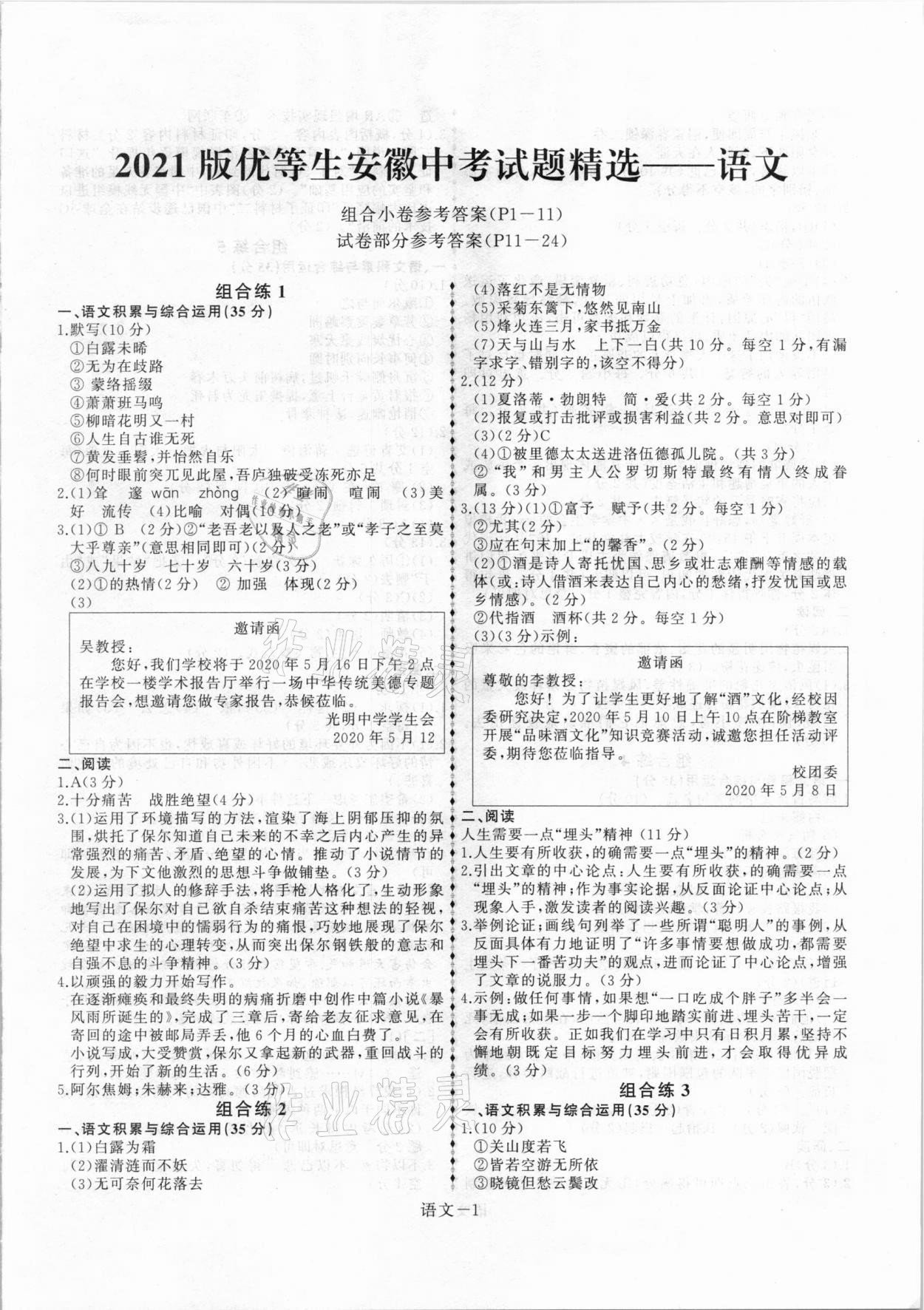 2021年优等生中考试题精选语文安徽专版 第1页