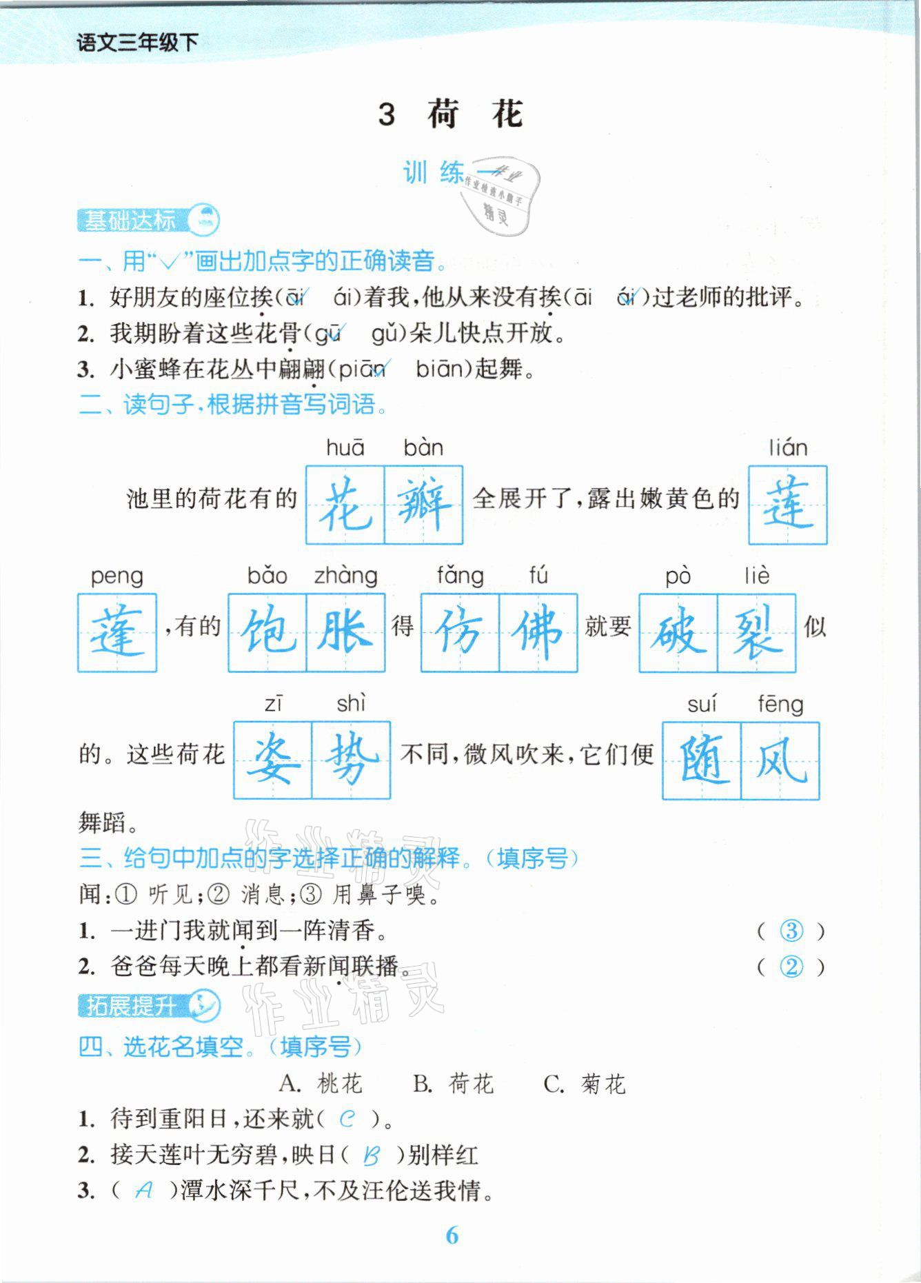 2021年江苏金考卷三年级语文下册人教版 参考答案第6页