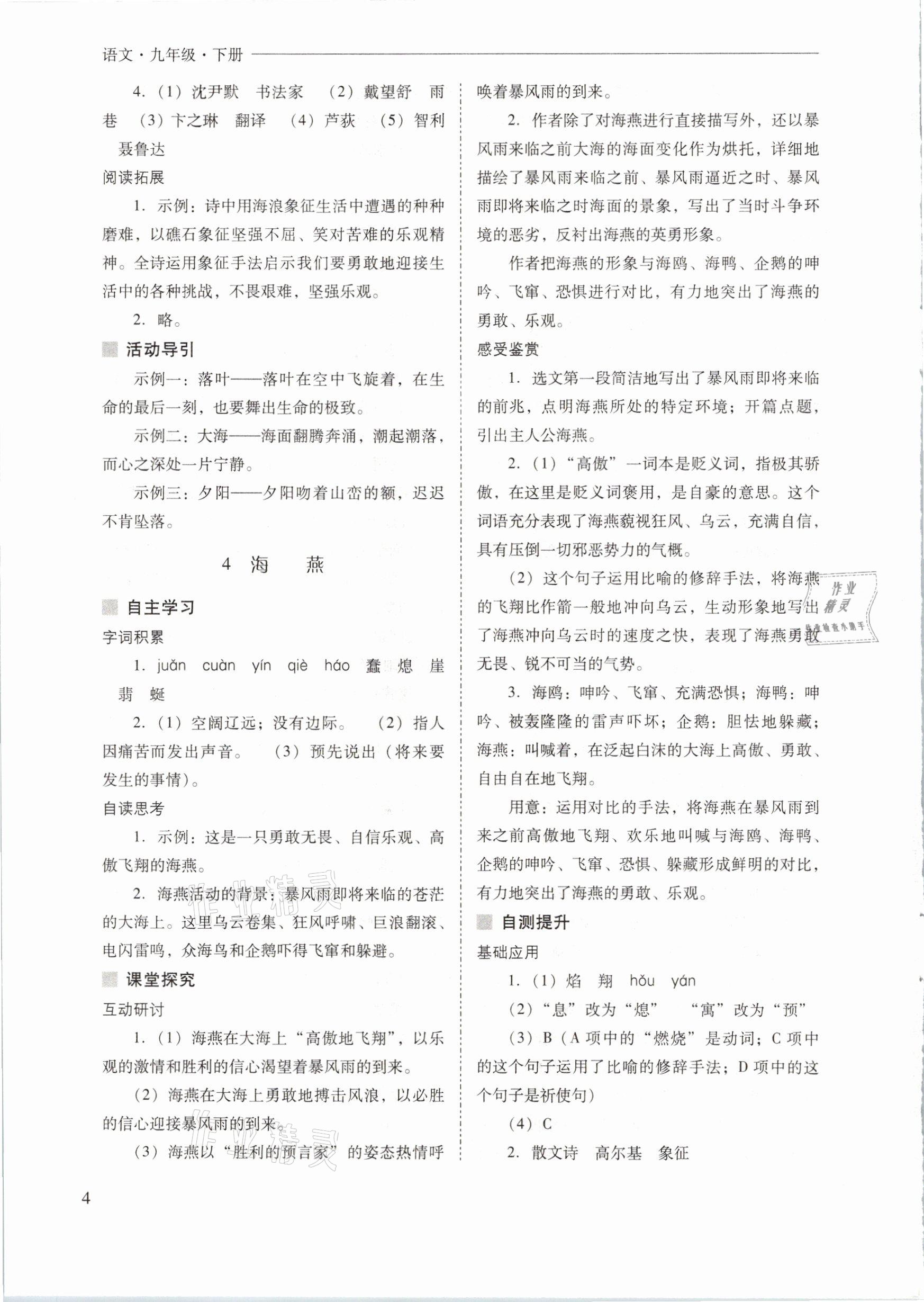 2021年新课程问题解决导学方案九年级语文下册人教版 参考答案第4页