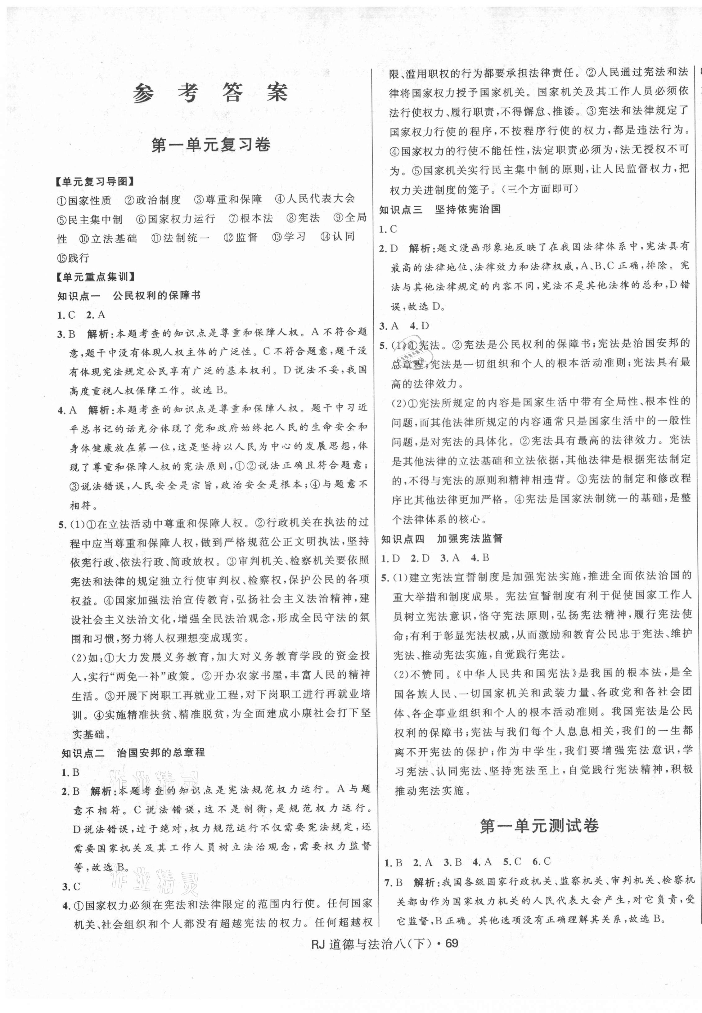 2021年奪冠百分百初中優(yōu)化測試卷八年級道德與法治下冊人教版 參考答案第1頁