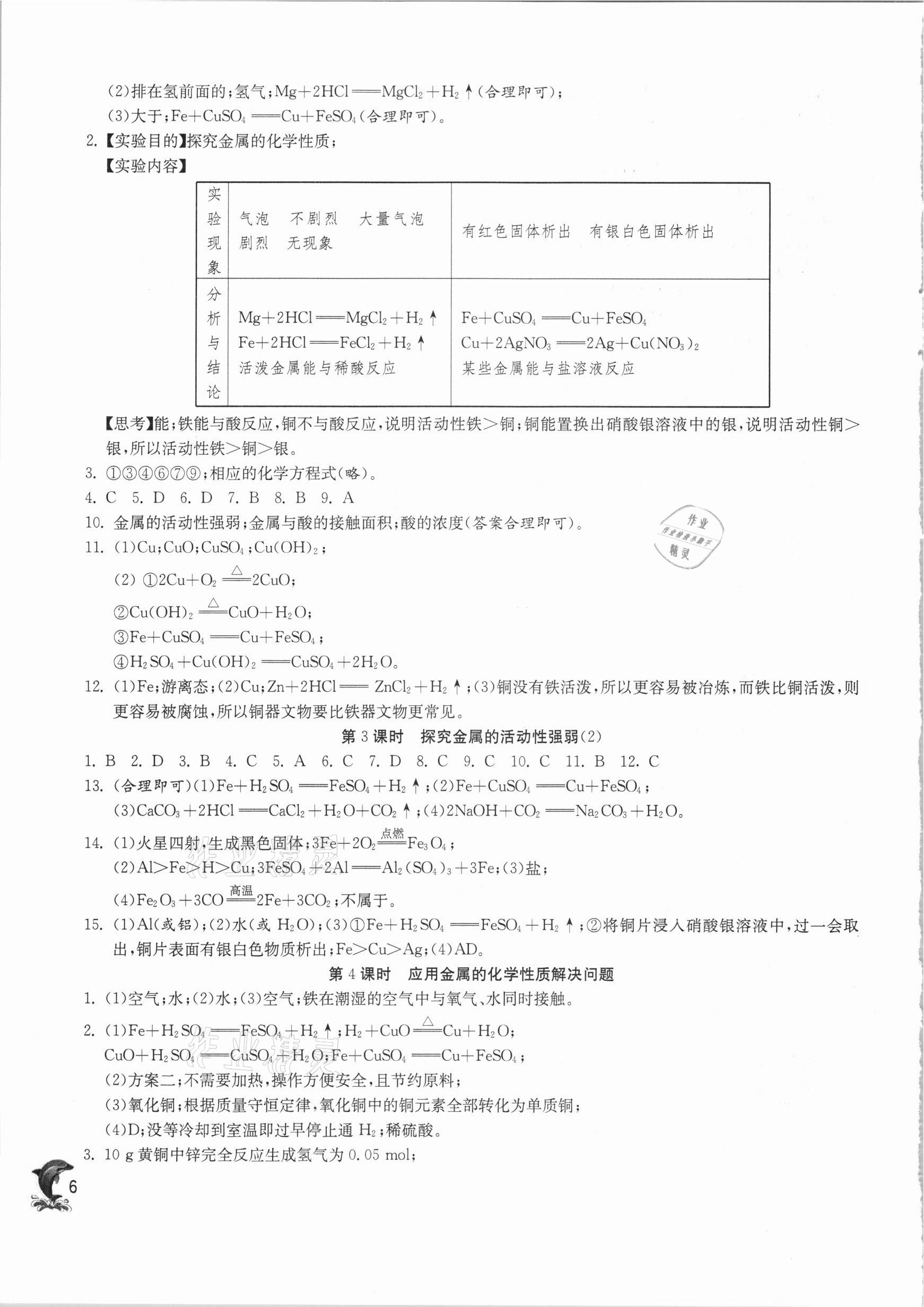 2021年实验班提优训练九年级化学下册沪教版上海专版 参考答案第6页