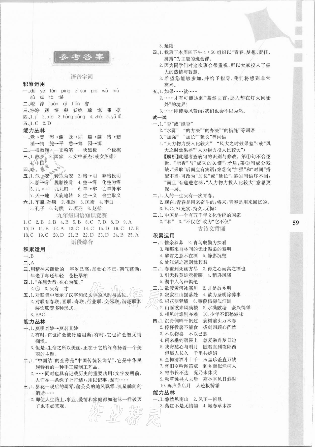 2021年寒假作业与生活九年级语文陕西人民教育出版社 第1页